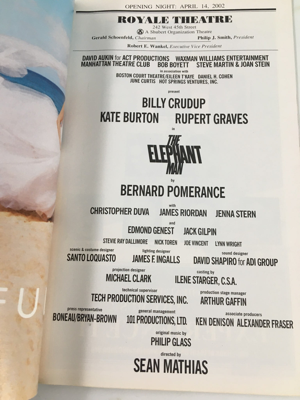 Opening night page of the 2002 Playbill for The Elephant Man, listing the cast and crew, including Billy Crudup and Kate Burton.