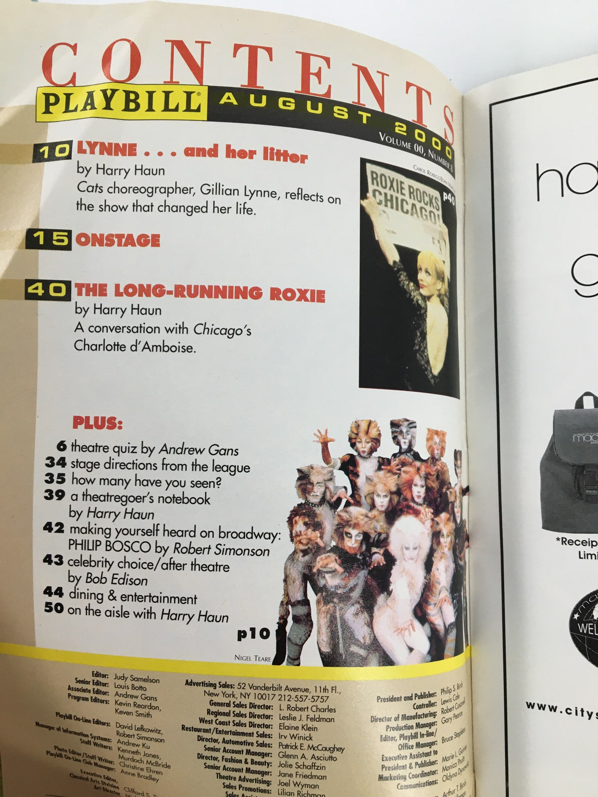 Inside contents page of the August 2000 Playbill, showcasing theater articles and features
