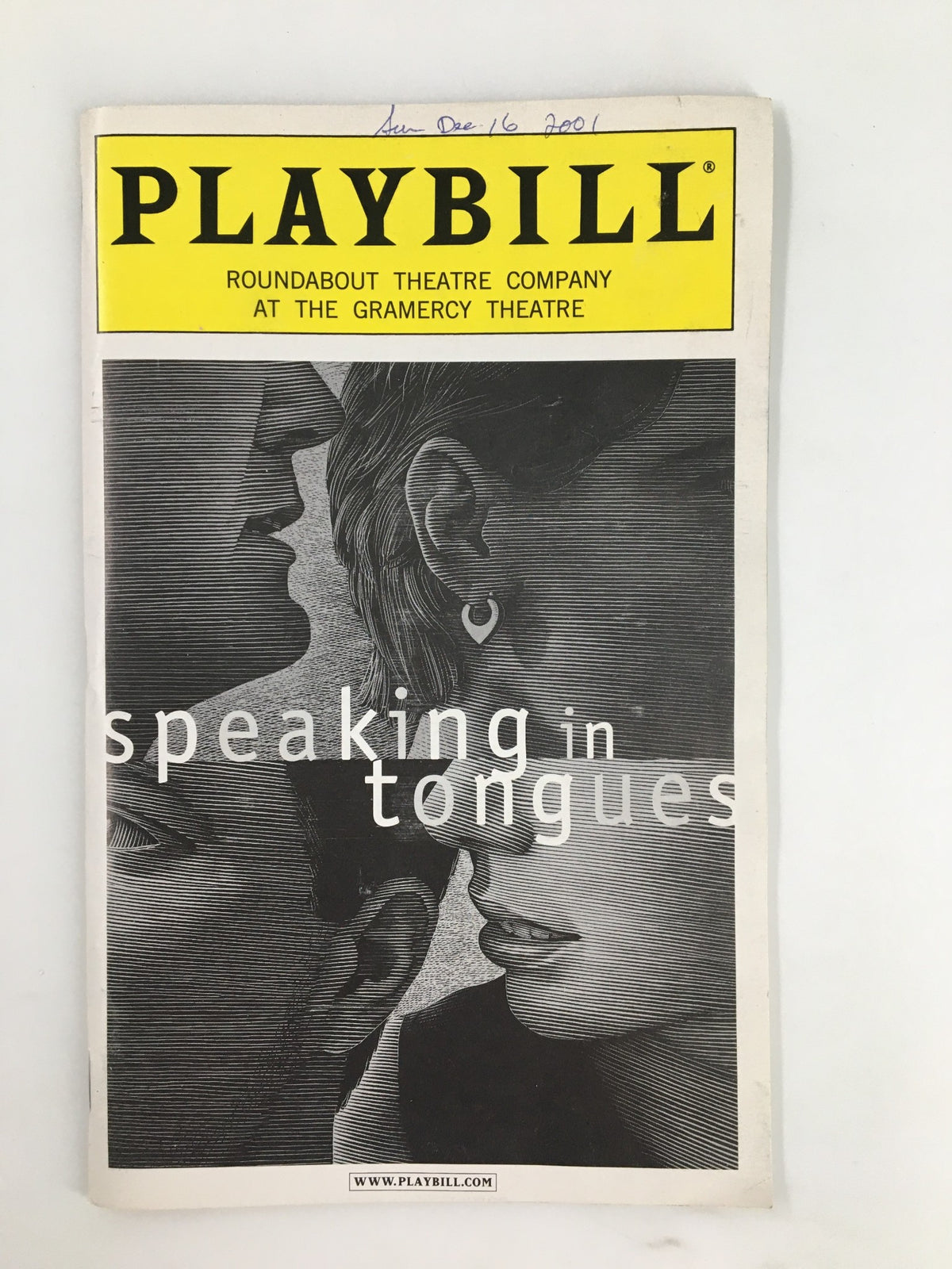 2001 Playbill from Gramercy Theatre featuring the title 'Speaking in Tongues' with a dramatic cover design showcasing two faces.