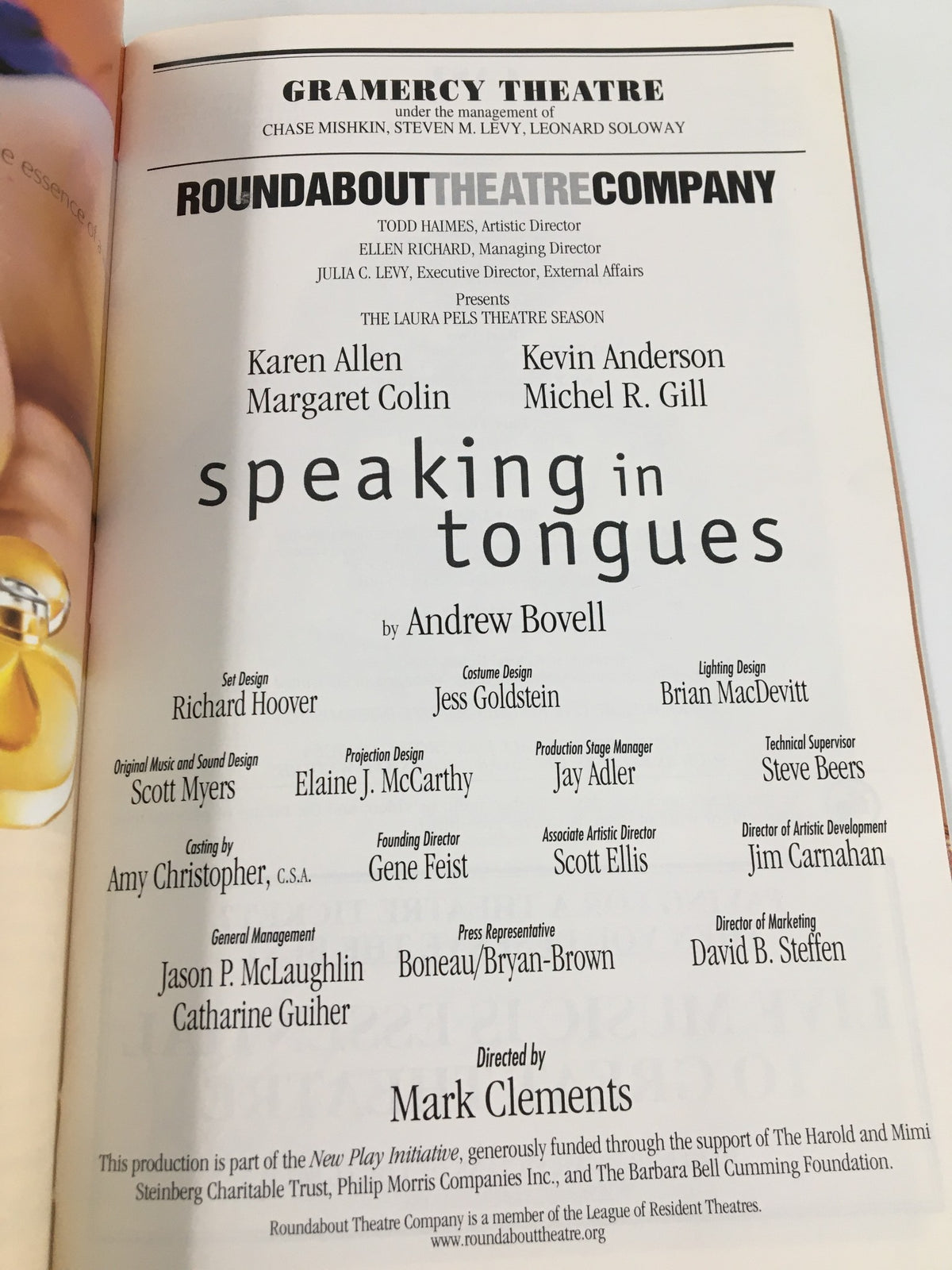 2001 Playbill from Gramercy Theatre featuring Karen Allen and Michel Gill in Speaking in Tongues, showcasing production details and cast list.