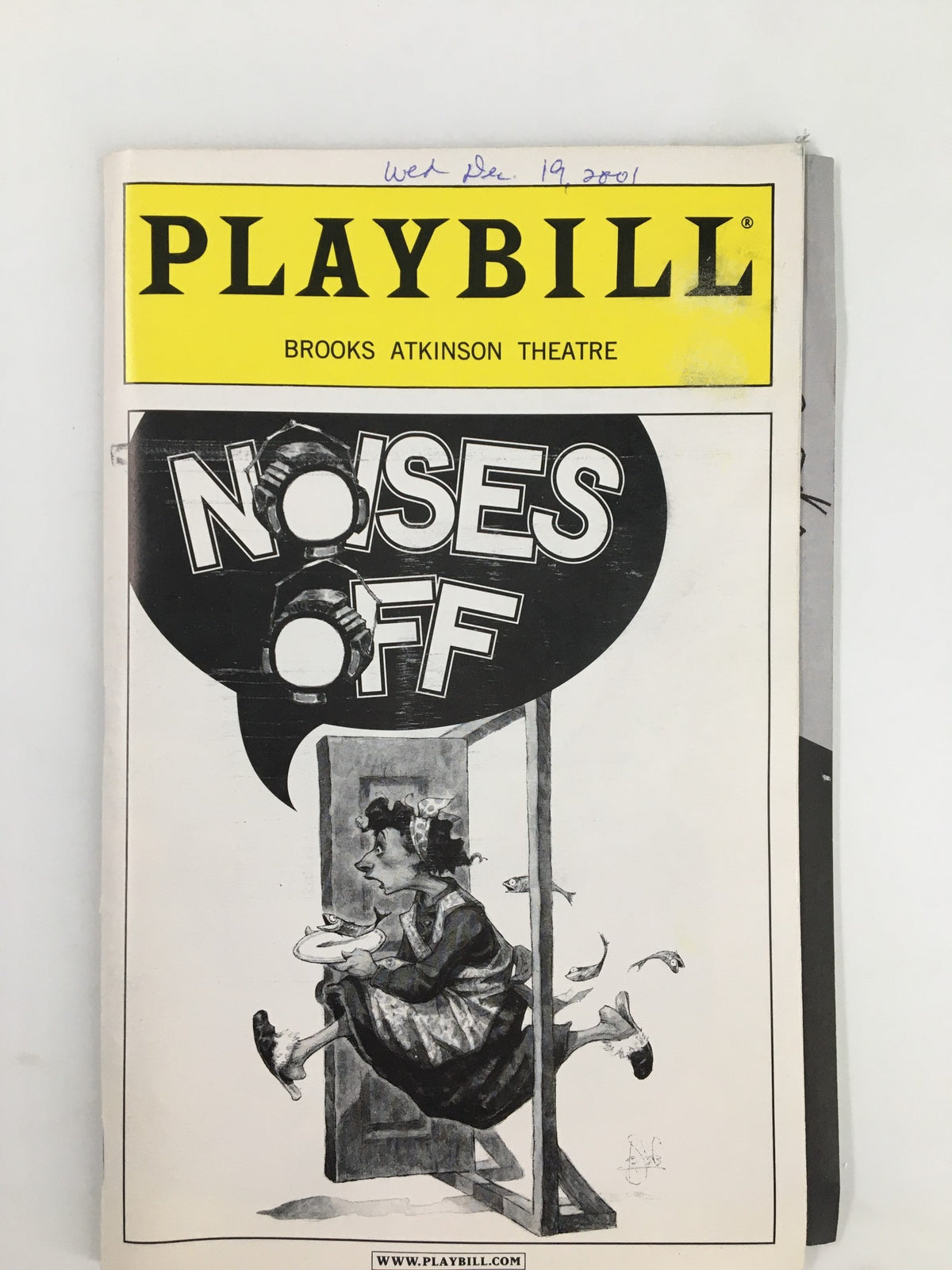 2001 Playbill for Noises Off at Brooks Atkinson Theatre featuring cover art and a character illustration.
