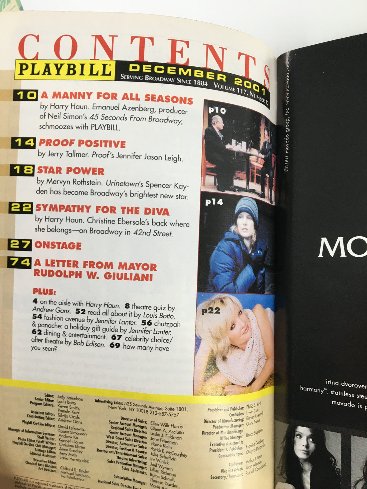 Contents page of the December 2001 Playbill featuring articles and highlights from Broadway, including Noises Off.
