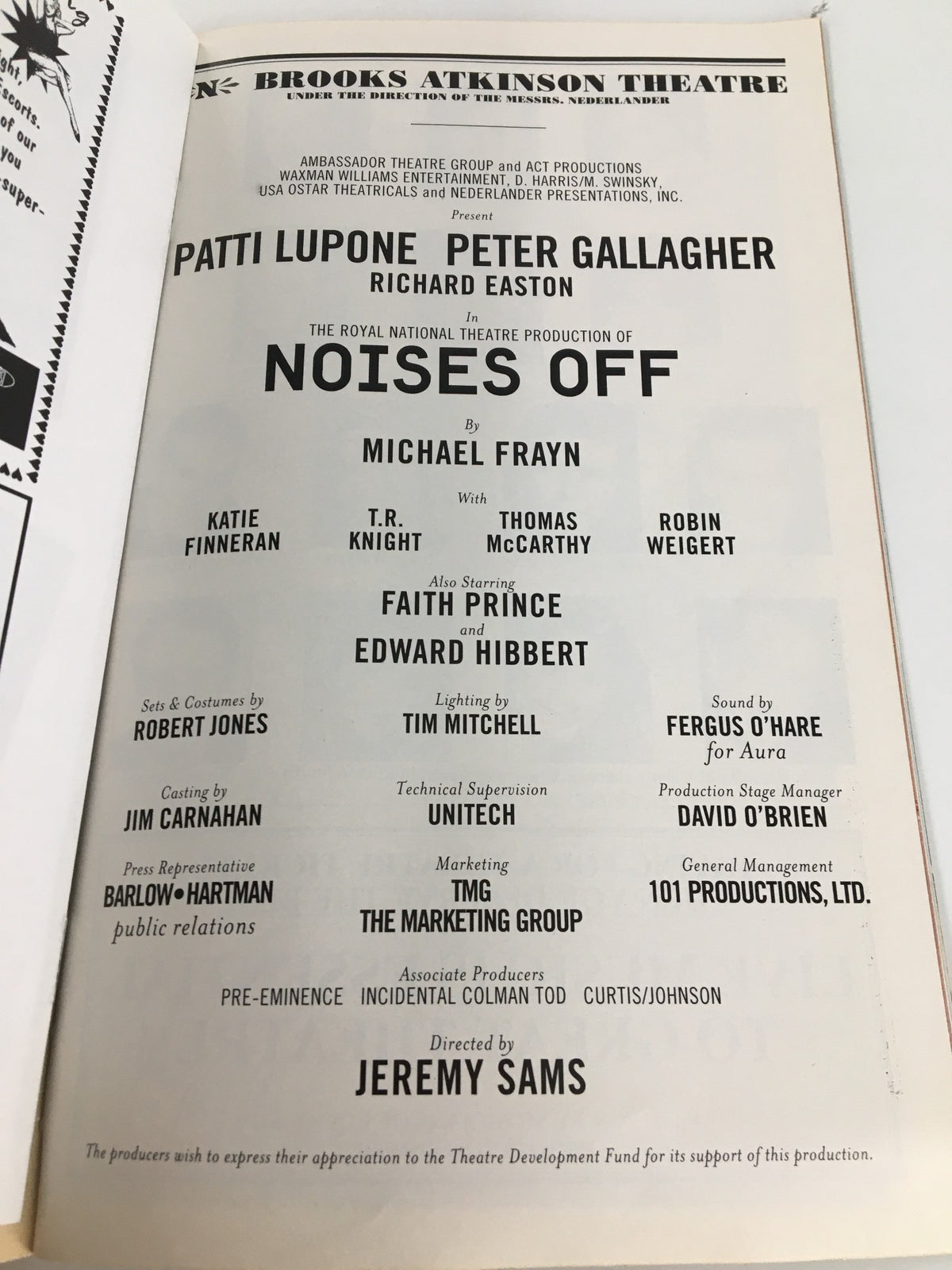 2001 Playbill from Brooks Atkinson Theatre featuring Patti LuPone and T.R. Knight in Noises Off, showcasing the play's cast and crew details.