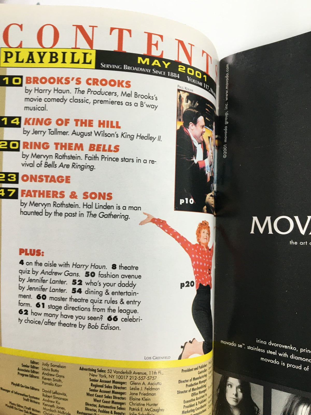 Inside contents page of the 2001 Playbill from Union Square Theatre for Bat Boy, showcasing featured articles and highlights.