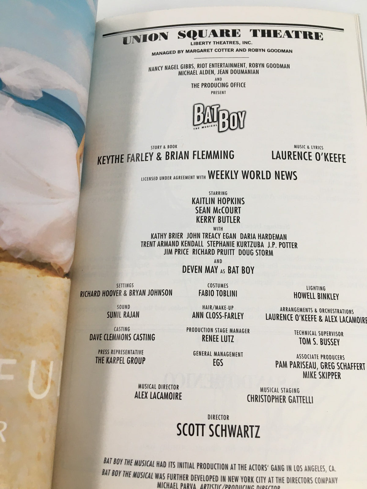 Union Square Theatre page of the 2001 Playbill for Bat Boy, listing cast members including Kaitlin Hopkins and Sean McCourt.
