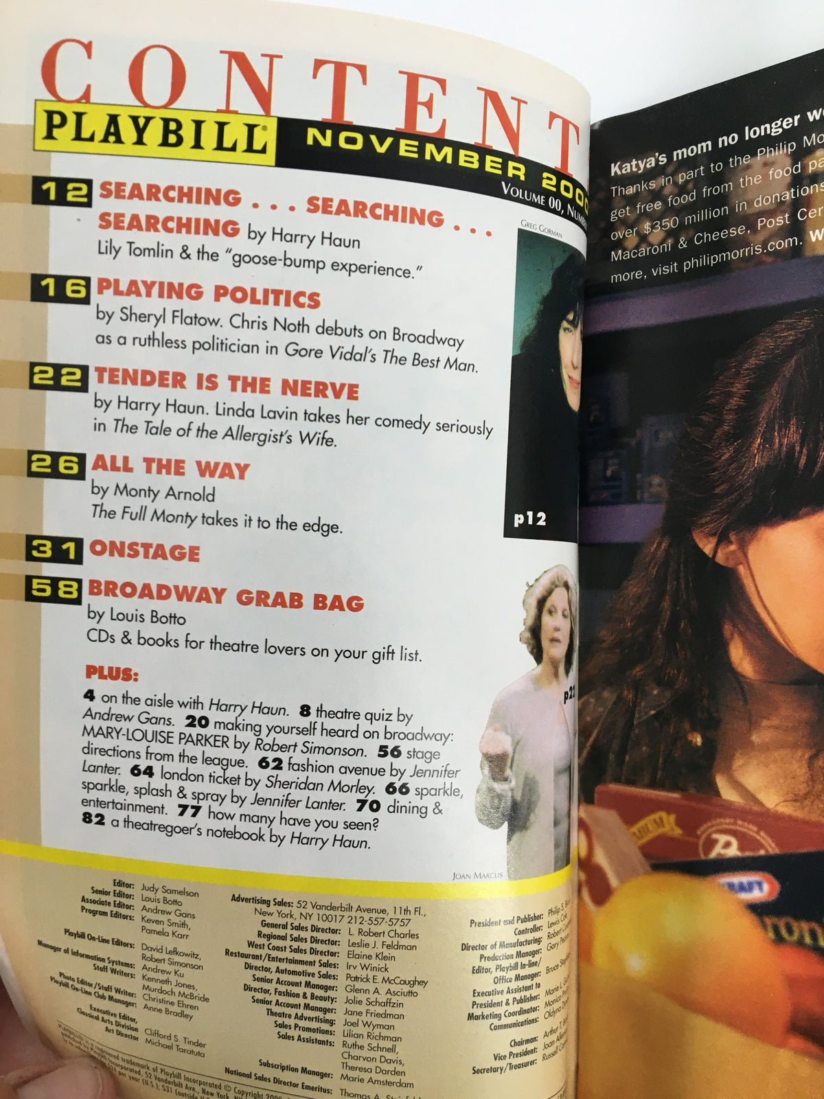 Content page of the November 2000 Playbill from the 47th Street Theatre, outlining articles and features including 'Searching' and 'Playing Politics'.