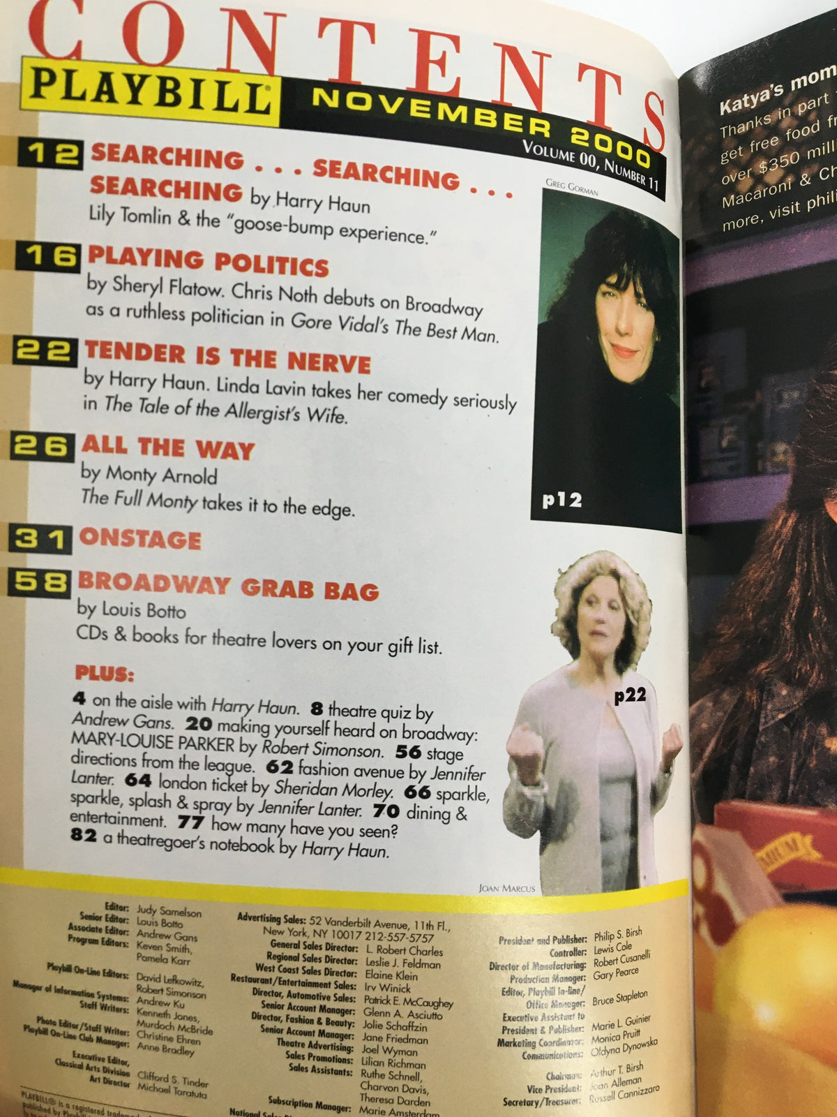 Contents page of the 2000 Playbill for November featuring Tova Feldshuh in Tallulah Hallelujah! Includes listings for various articles and performances.