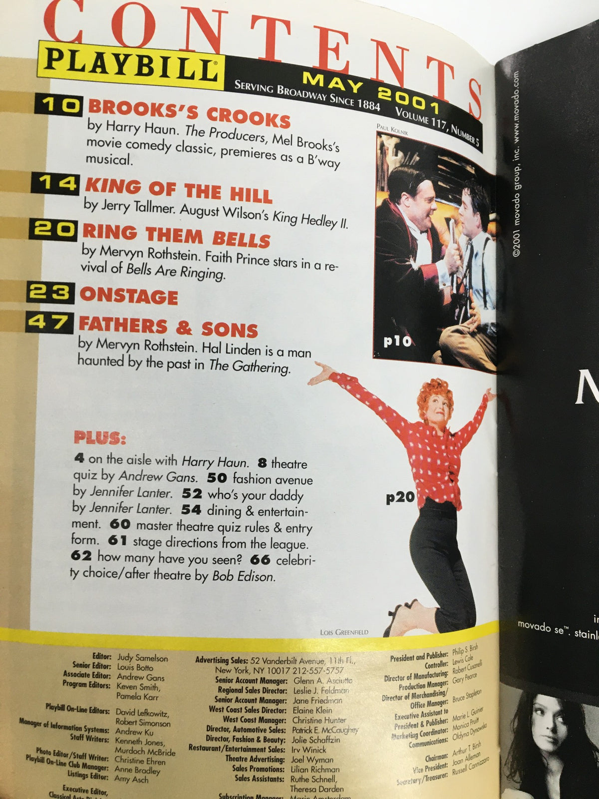 Interior contents page of a 2001 Playbill for Playwright Horizons featuring Glenn Howerton in The Credeaux Canvas, listing other productions and articles from May 2001.