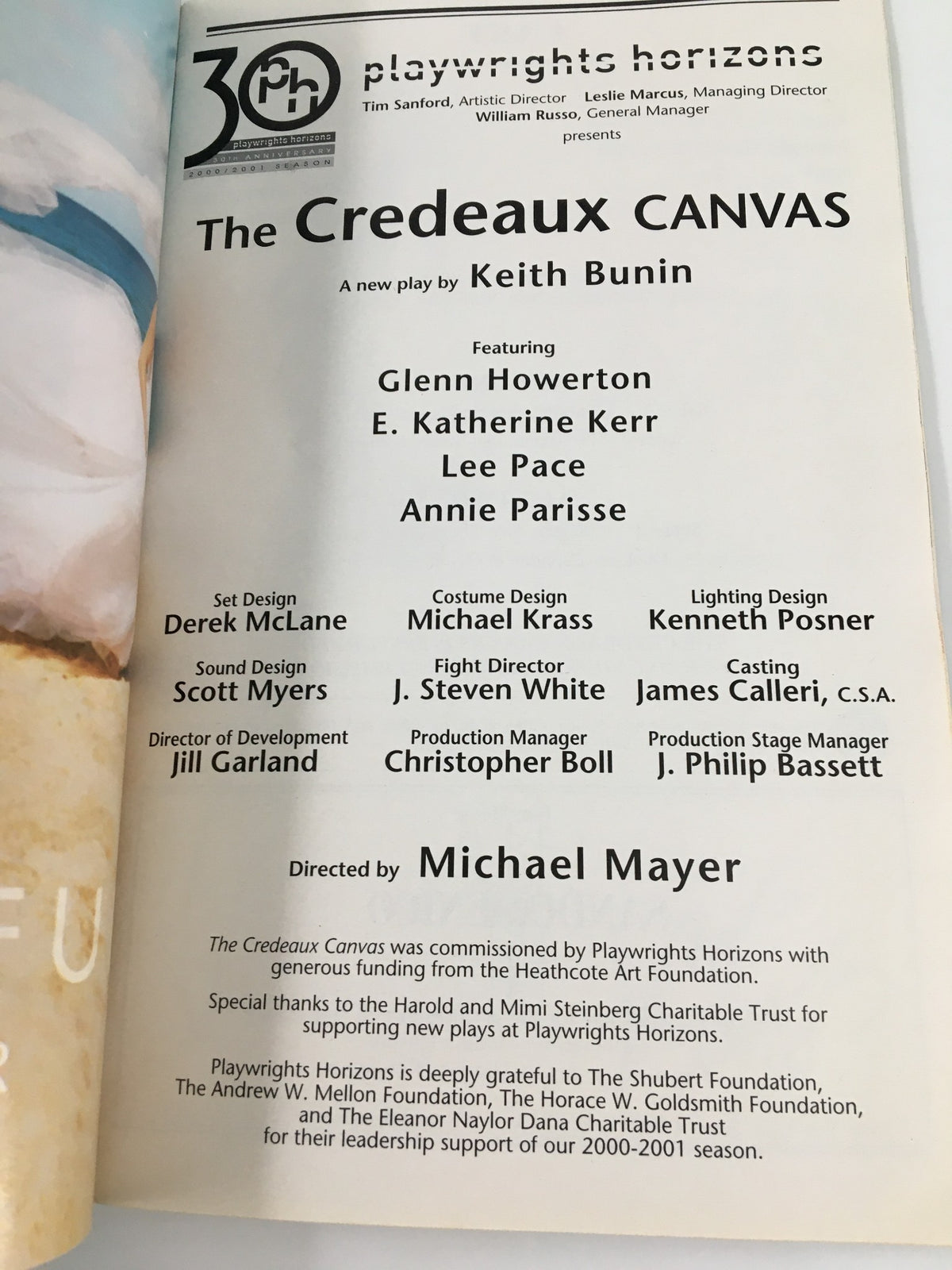 Page from a 2001 Playbill for Playwright Horizons showcasing The Credeaux Canvas by Keith Bunin, featuring cast details including Glenn Howerton, E. Katherine Kerr, and others.