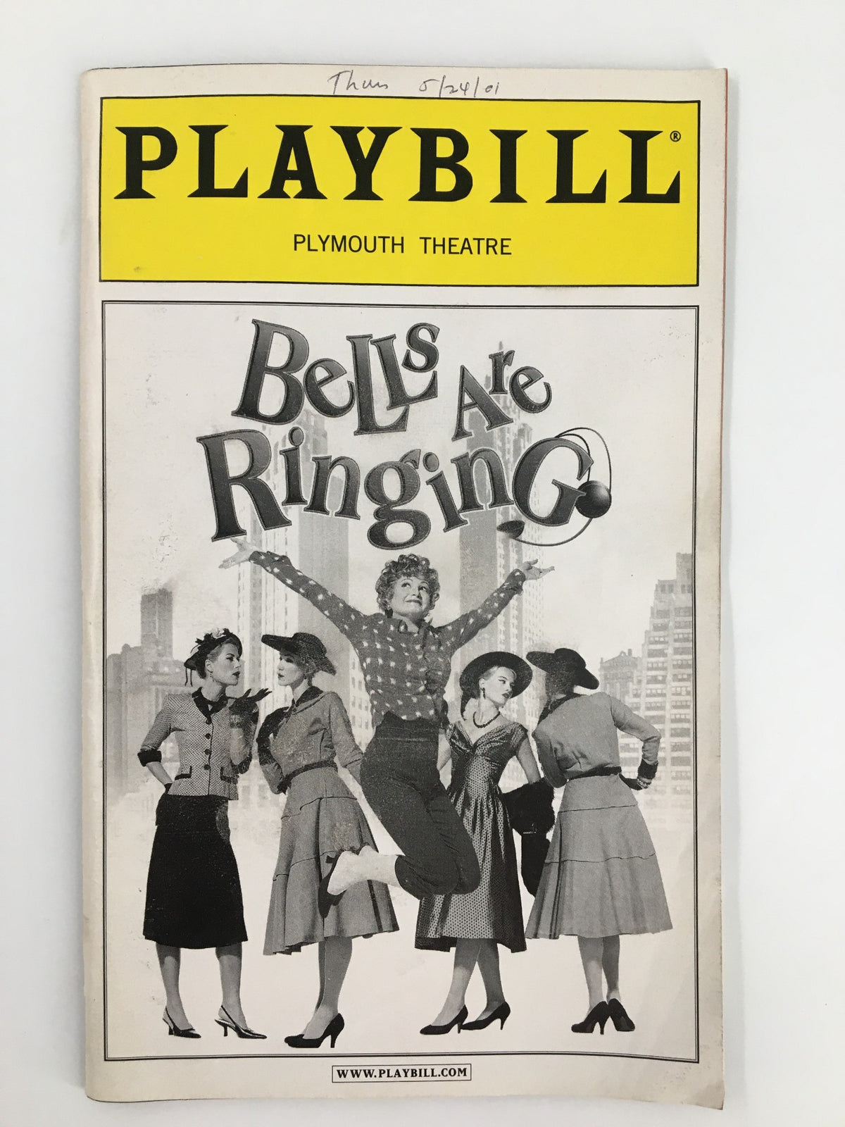 2001 Playbill for 'Bells Are Ringing' at the Plymouth Theatre featuring a nostalgic black and white design showcasing the cast and production elements.