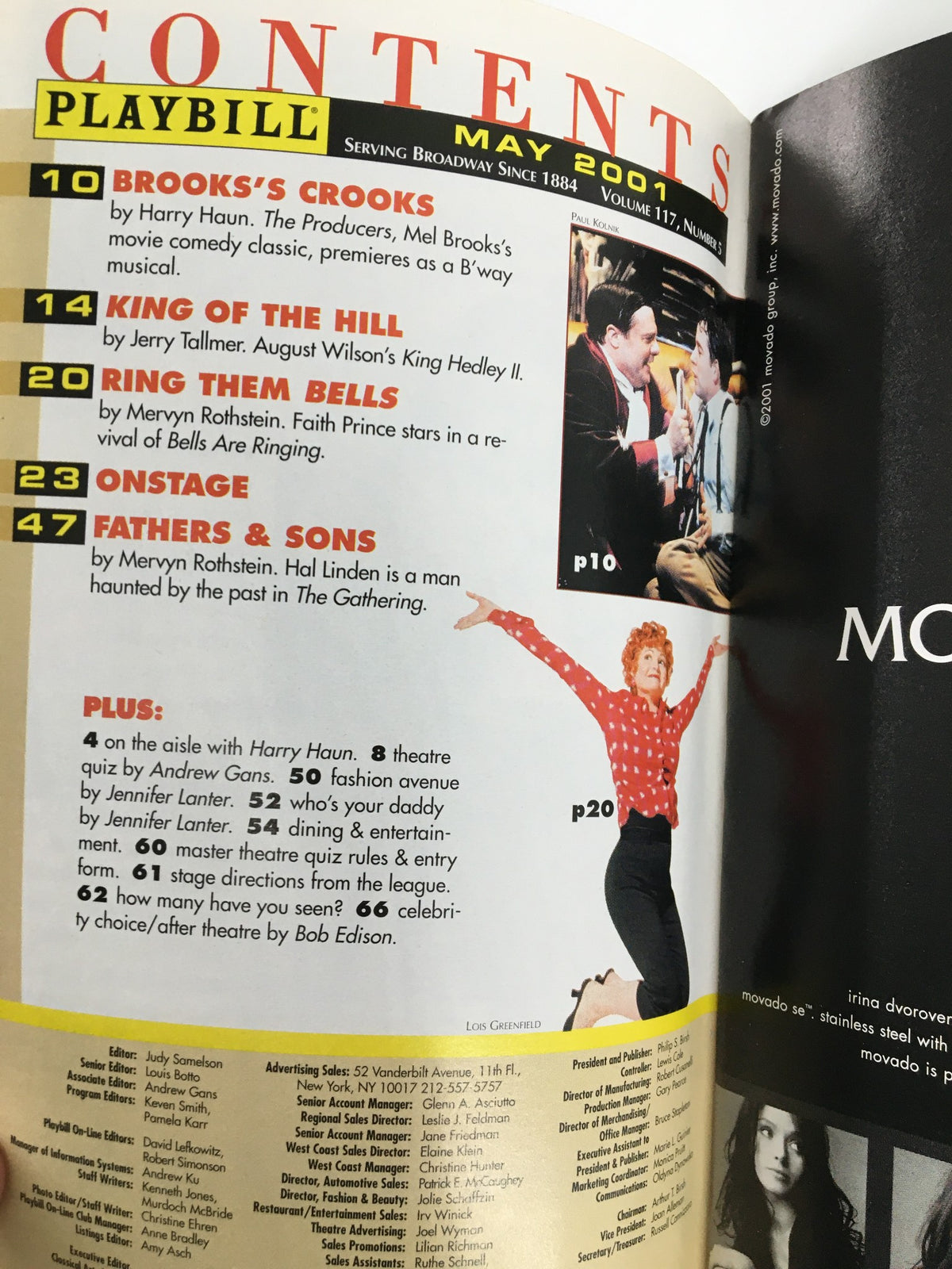 2001 Playbill for Bells Are Ringing at Plymouth Theatre showing the contents page with listings for various Broadway productions.