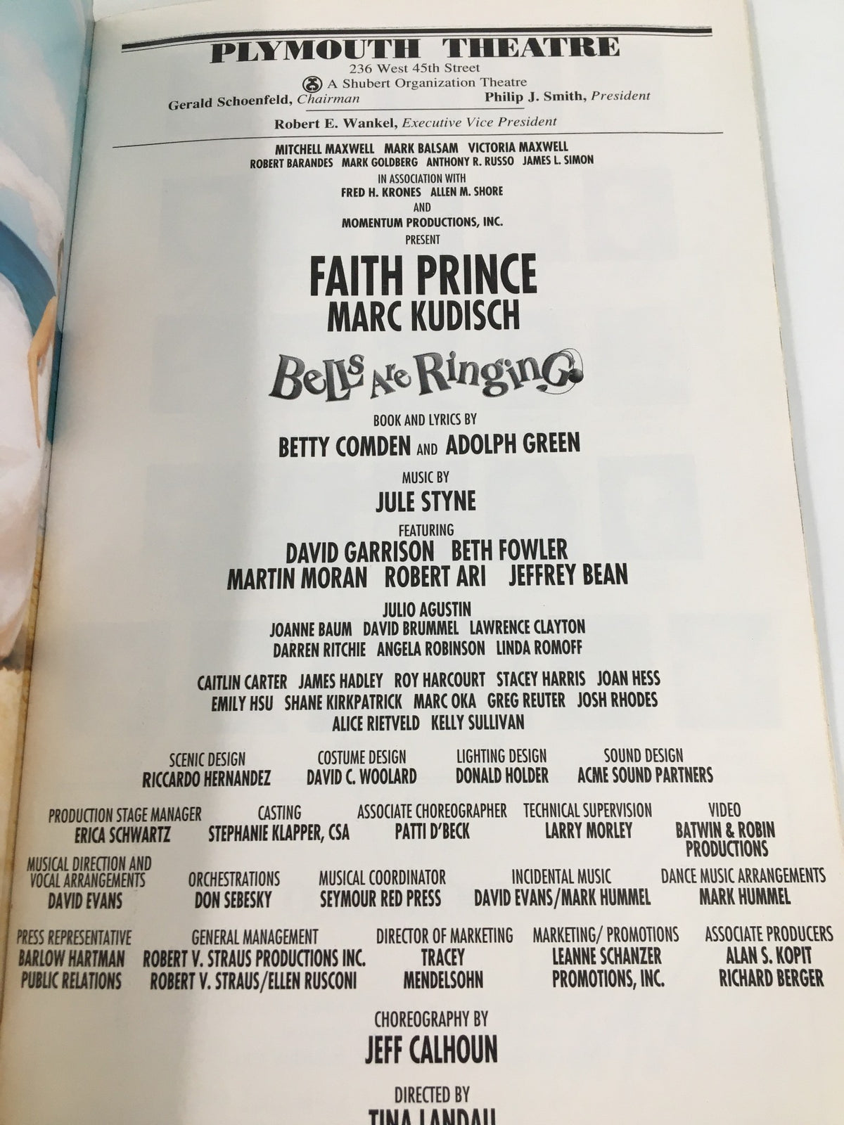 2001 Playbill for Bells Are Ringing at Plymouth Theatre featuring cast details, including Faith Prince and Marc Kudisch.
