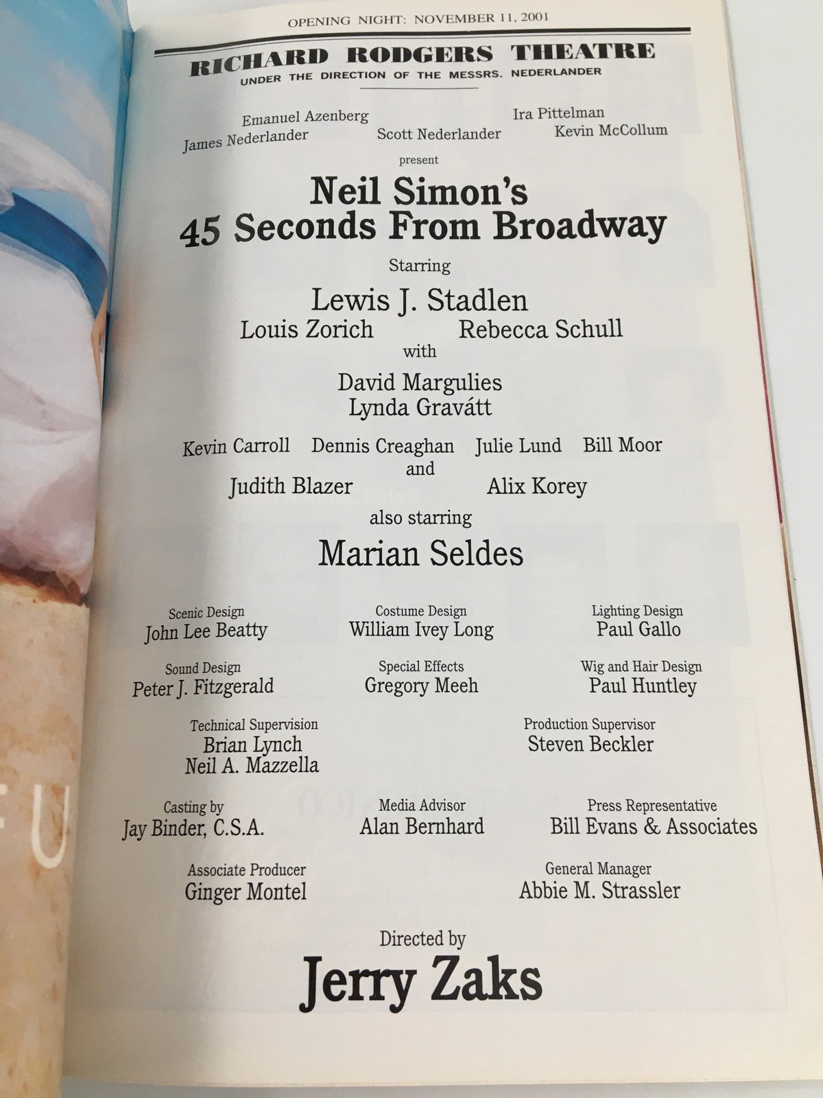The cast list page from the 2001 Playbill for '45 Seconds From Broadway' directed by Jerry Zaks, including names such as Lewis J. Stadlen and Marian Seldes.