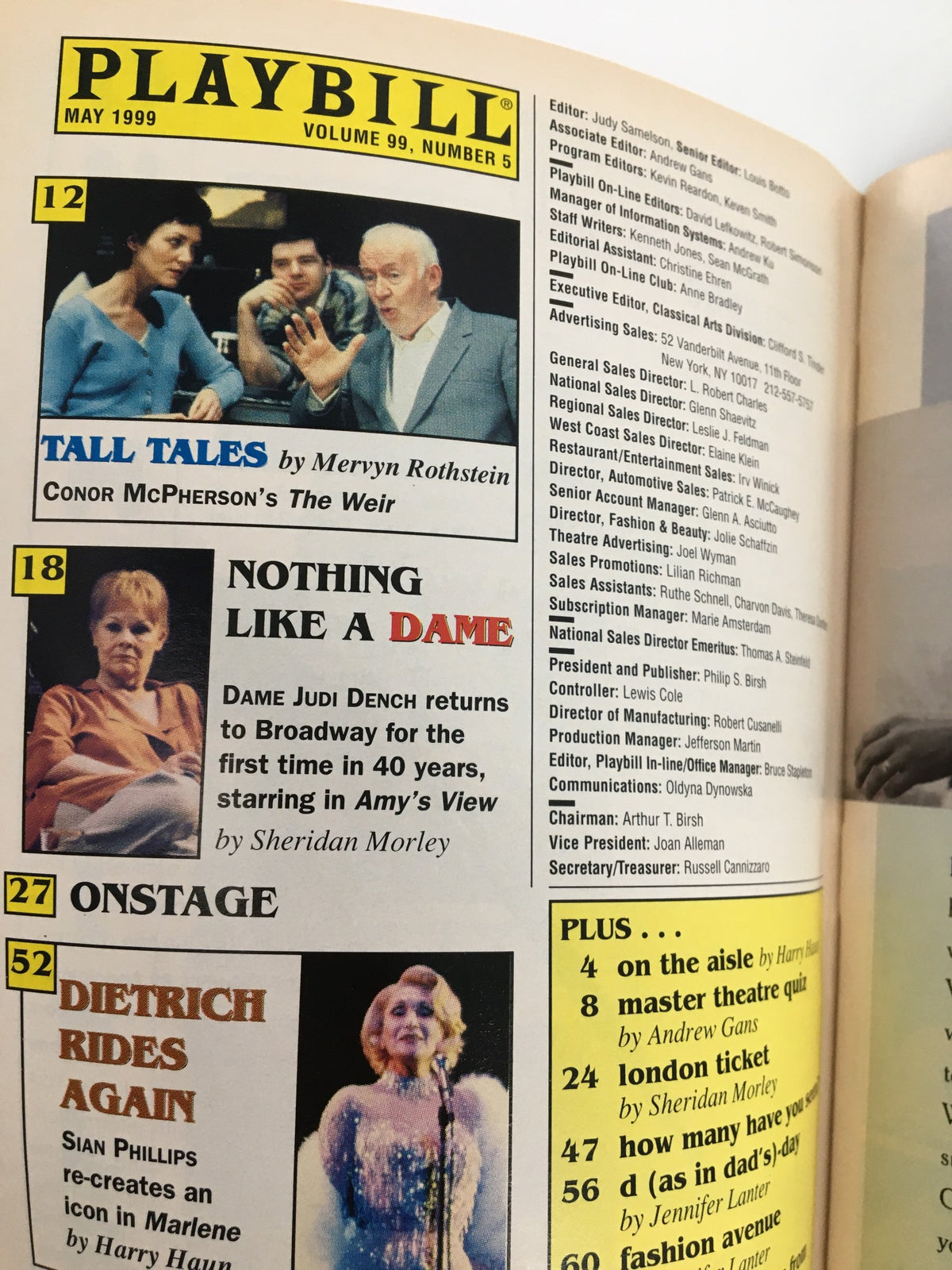 1999 Playbill Manhattan Theatre Club featuring the article 'Tall Tales' under the volume number 99, issue 5.