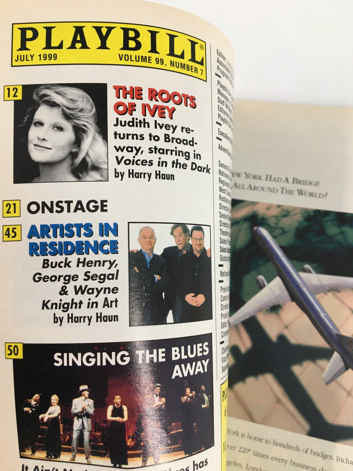 1999 Playbill from Sam S. Shubert Theatre page showcasing the July 1999 issue with articles including 'The Roots of Ivey' and 'Onstage'.