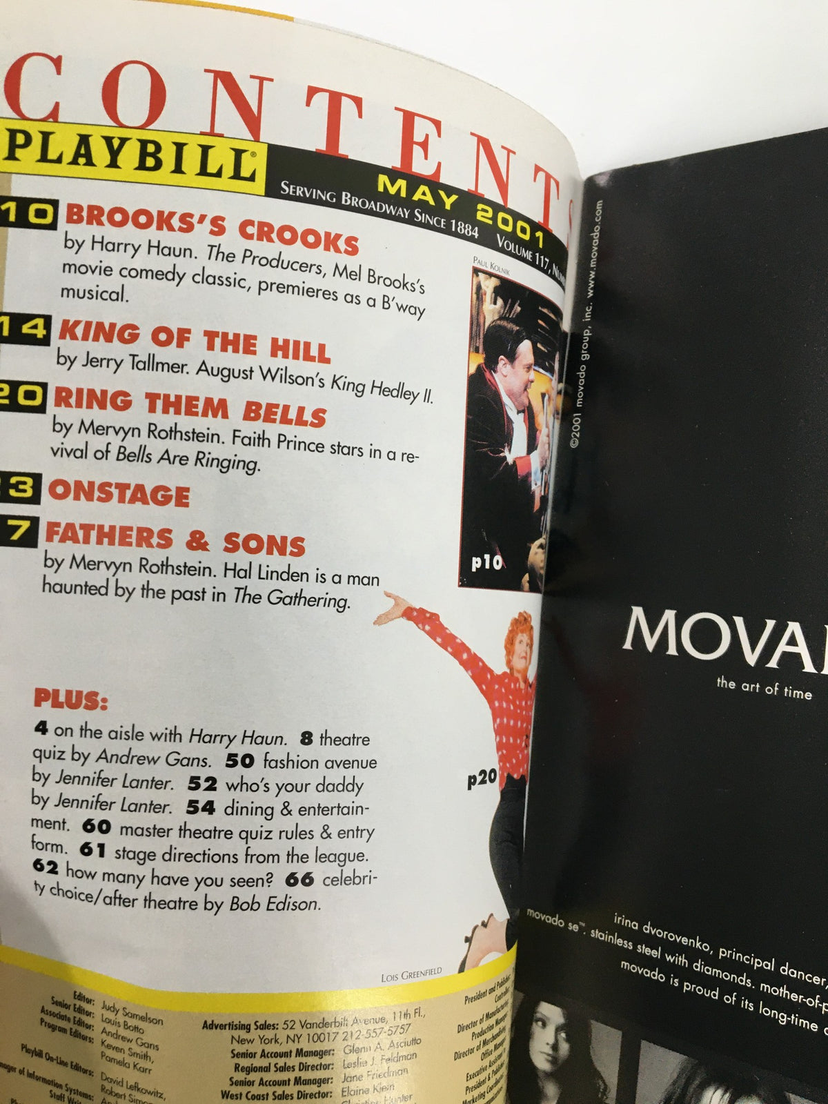 Inside content page of the 2001 Playbill for 'Chaucer in Rome', featuring articles and advertisements from the May 2001 edition.