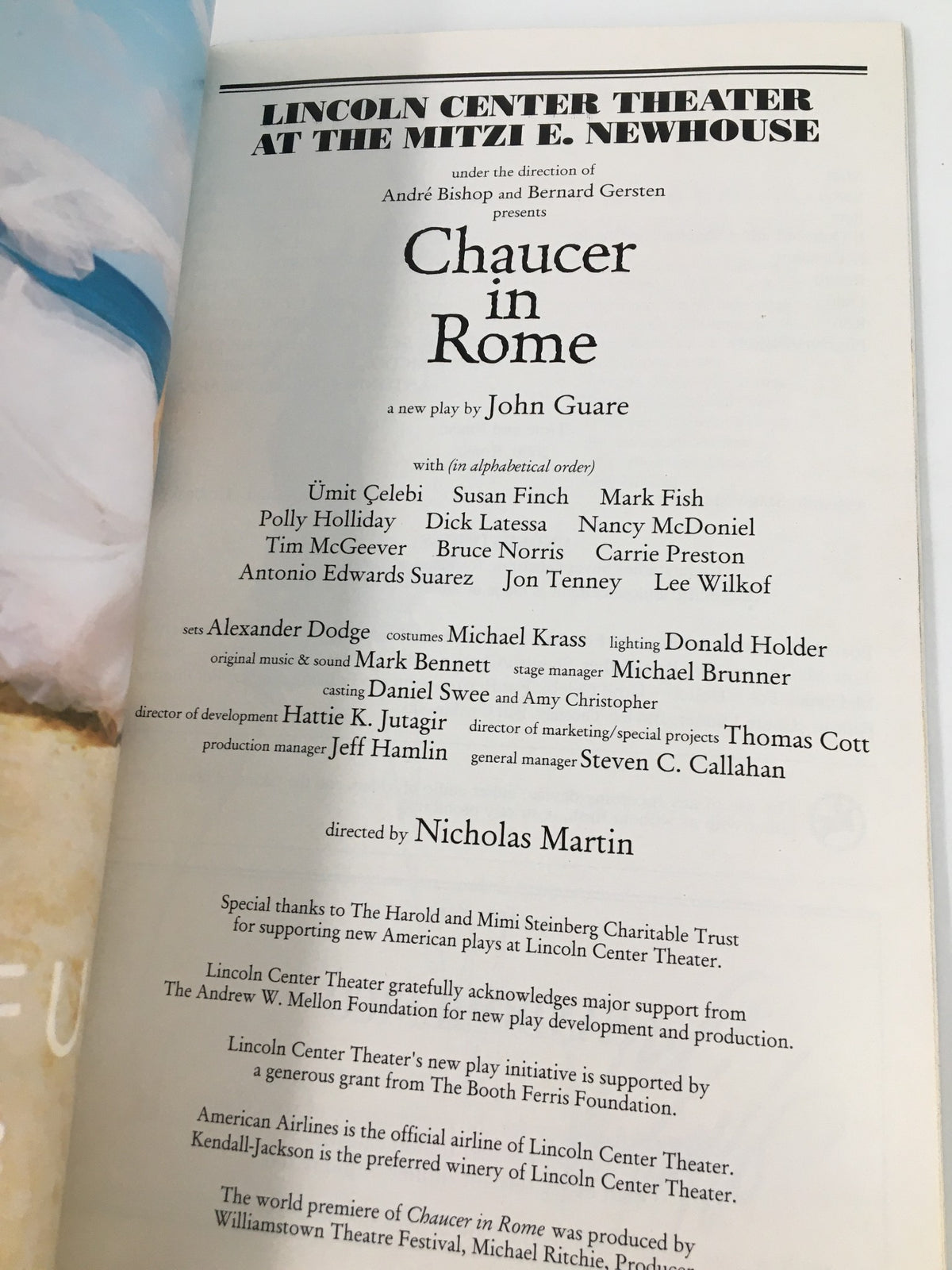 Interior page of the 2001 Playbill for 'Chaucer in Rome', listing the cast and creative team, presented by Lincoln Center Theater at the Mitzi E. Newhouse.