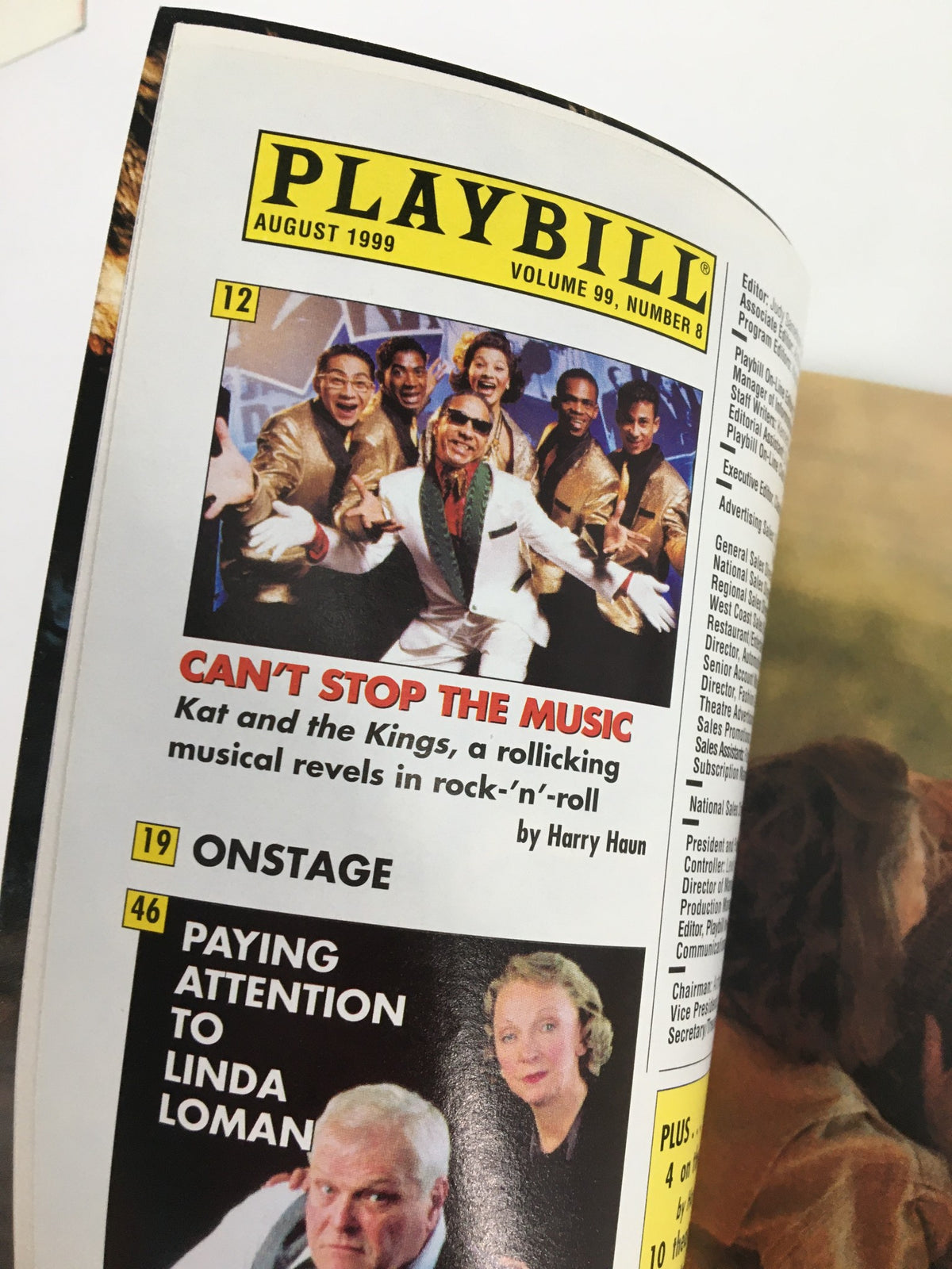 1999 Playbill for 'Jar the Floor' featuring 'Can't Stop the Music' advertisement, highlighting a vibrant theatrical scene from the Second Stage Theatre production with engaging artwork.