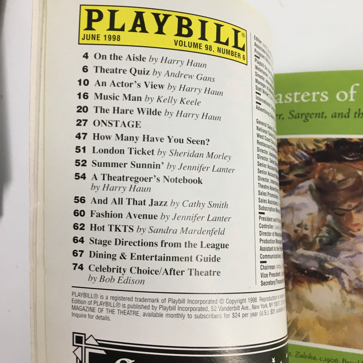 Inside view of the June 1998 Playbill for Dinah Was: The Dinah Washington Musical, showcasing the contents page with articles related to the Broadway scene.