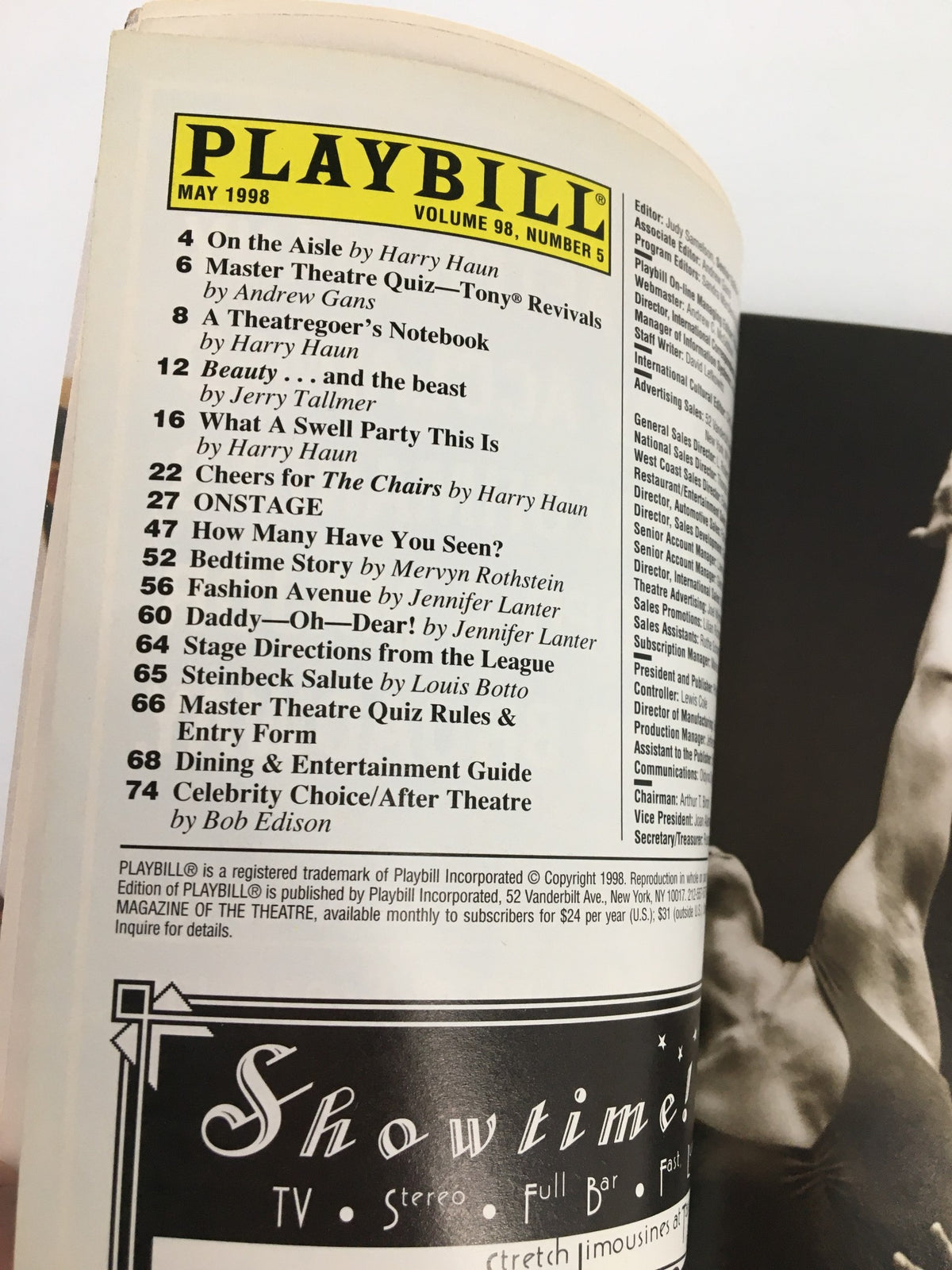 Inside page of the 1998 Playbill for The Seagull, detailing the contents of the program, including features on various performances and productions.