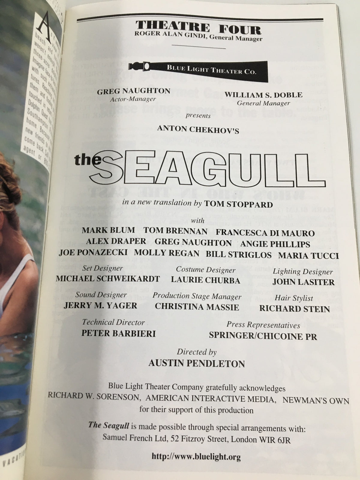 Casting credits and creative team listed in the 1998 Playbill for The Seagull, highlighting the contributions of Mark Blum, Tom Brennan, and others.