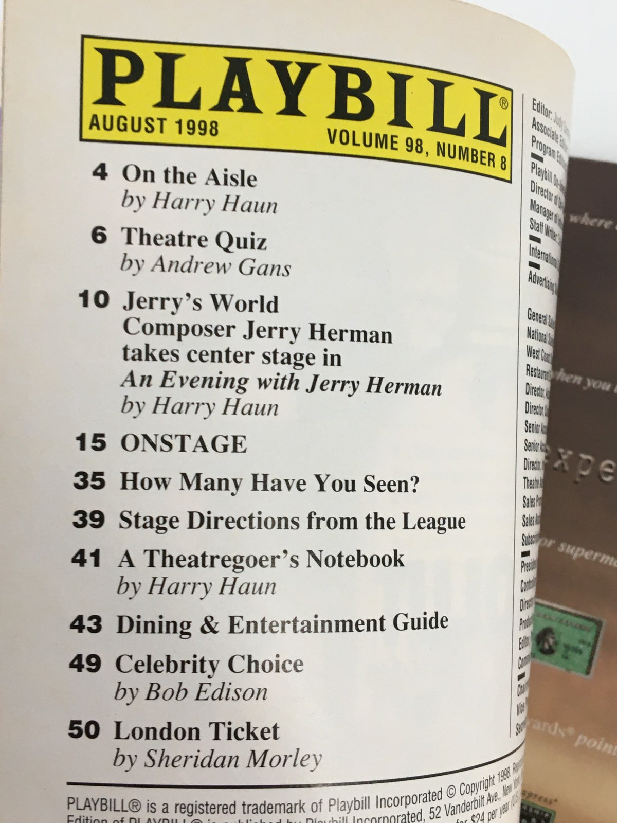 Inside view of the 1999 Playbill from the Lucille Lortel Theatre featuring Uta Hagen in Collected Series, highlighting the contents and features of the publication.