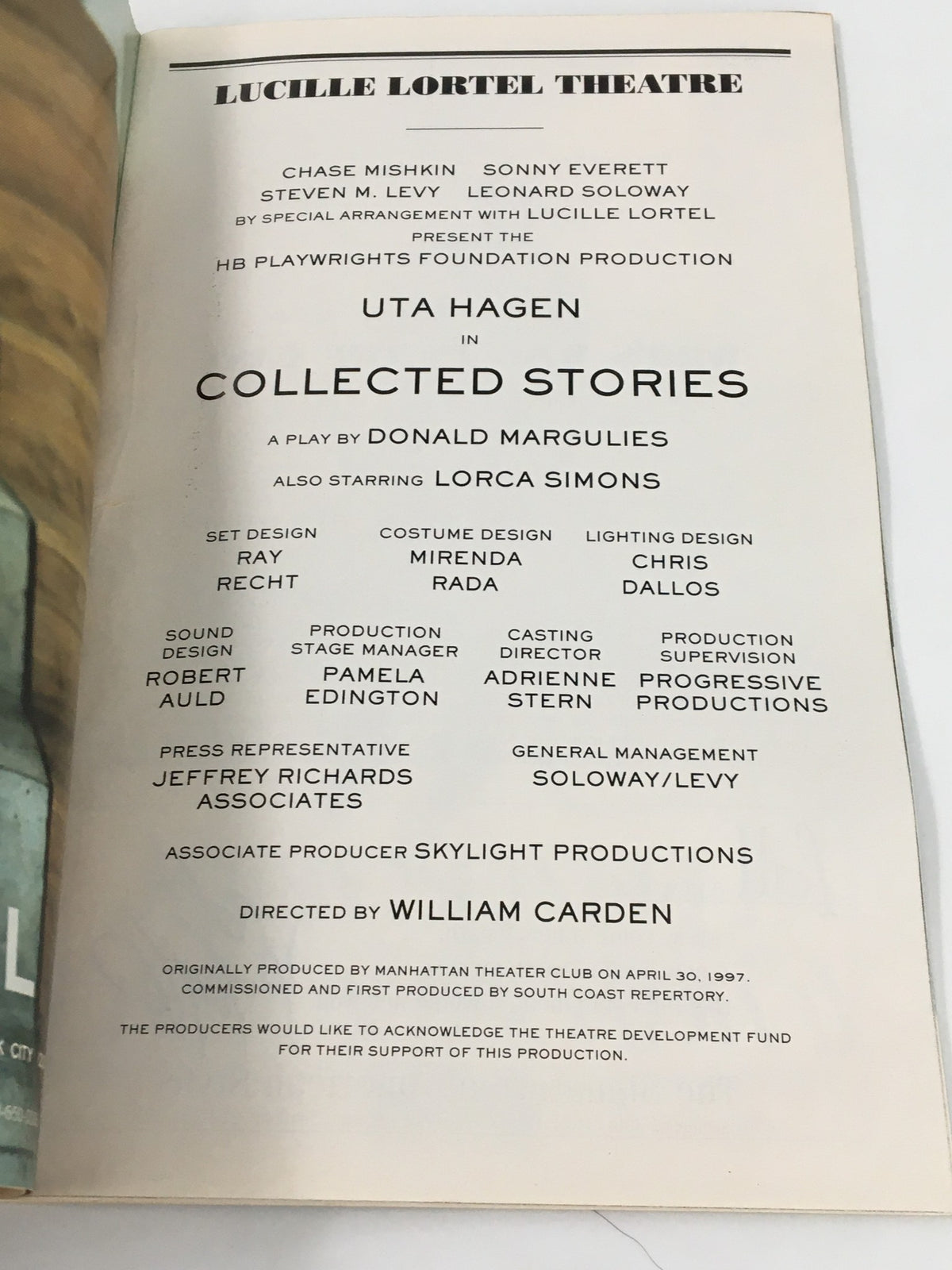 Details page of the 1999 Playbill from Lucille Lortel Theatre showcasing Uta Hagen's performance in Collected Stories, including cast, design, and production information.
