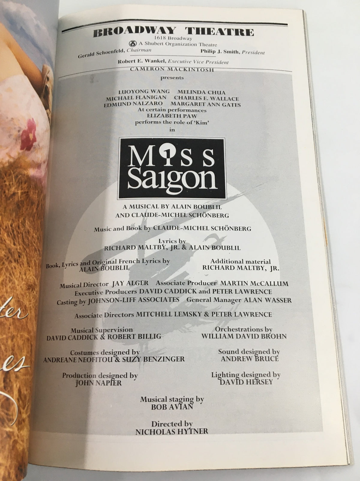 2000 Playbill for Miss Saigon, displaying credits and creative team, highlighting Elizabeth Paw's role as Kim in the Broadway production.