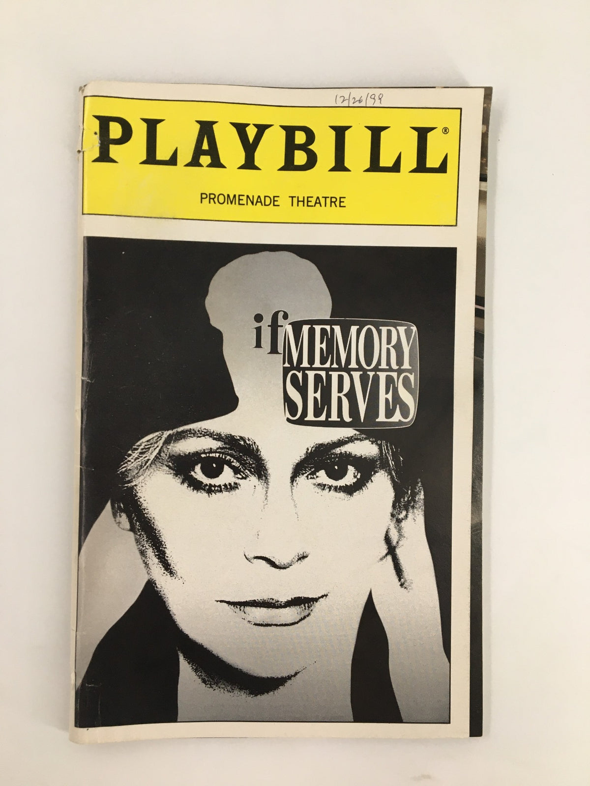 1999 Playbill for 'If Memory Serves' at The Promenade Theatre, featuring a striking black and white cover image showcasing a woman's face, signifying Elizabeth Ashley's performance.