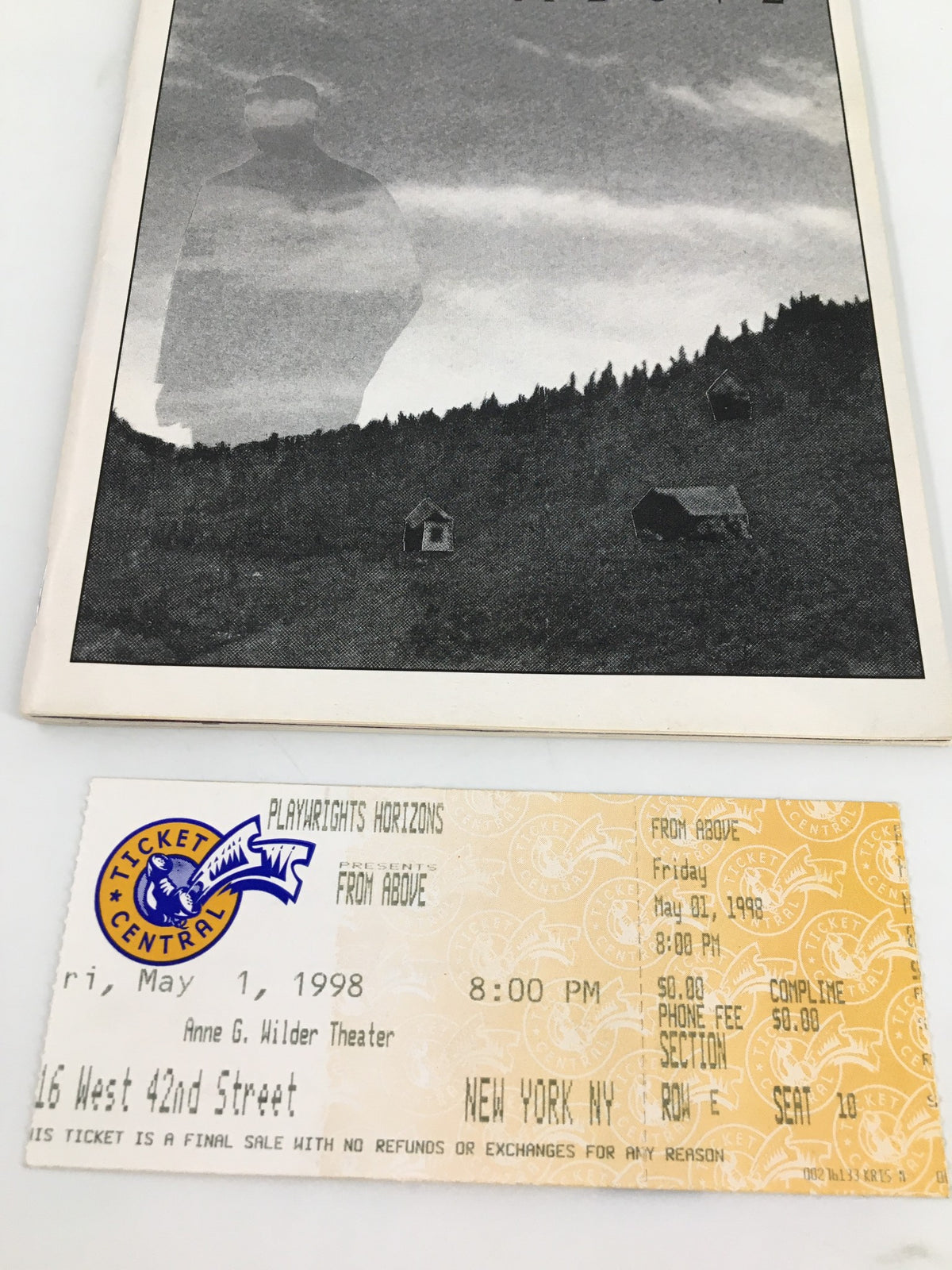 Close-up of the 1998 Playbill for 'From Above' by Tom Donaghy, showcasing the cover design and an original ticket featuring performance details, dated May 1, 1998.