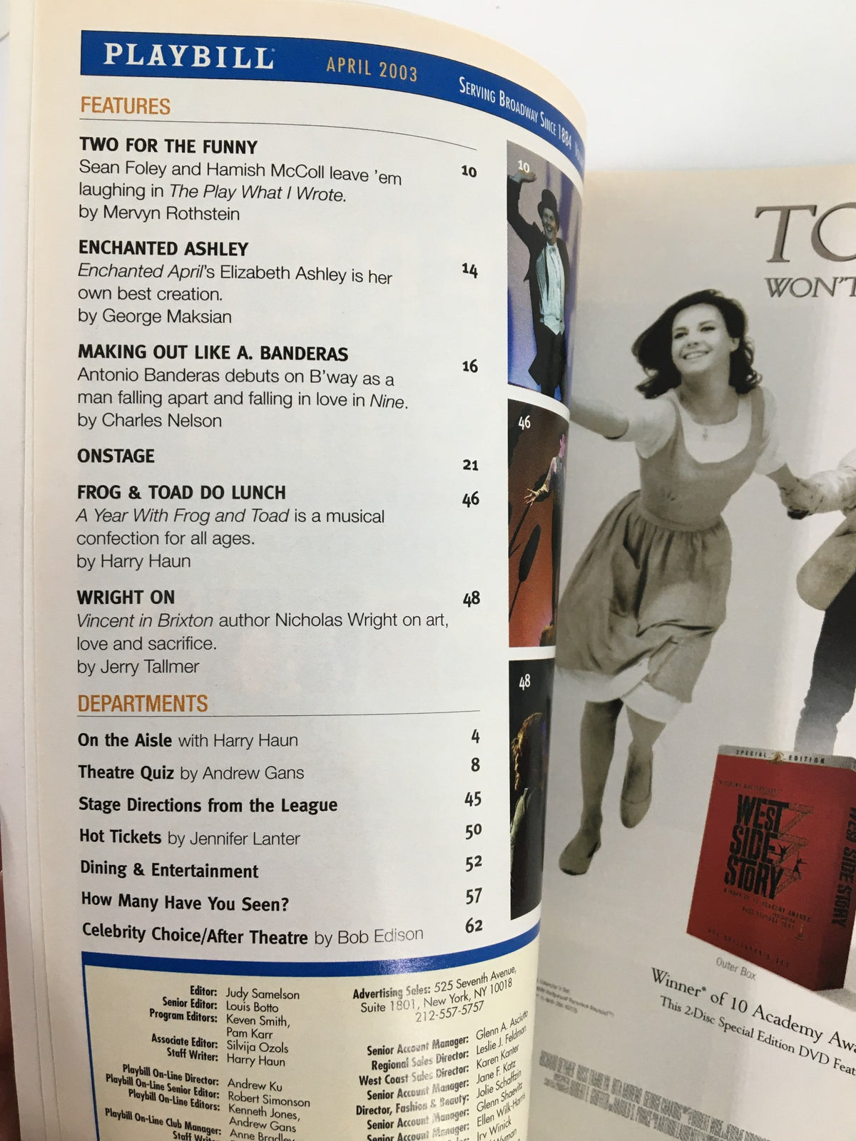 Inside page of the 2003 Playbill for 'Zanna, Don't!' displaying the table of contents and featured articles.