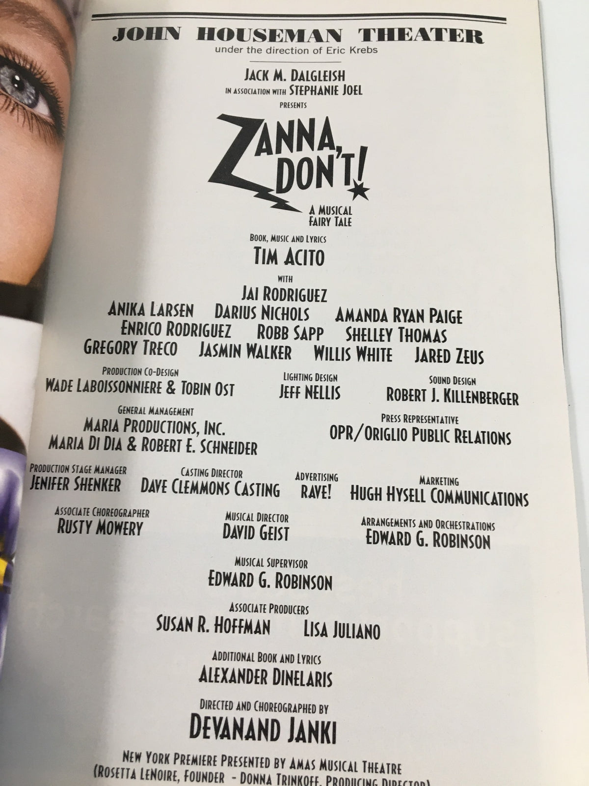 2003 Playbill from the John Houseman Theater featuring the musical 'Zanna, Don't!' with cast members including Jai Rodriguez and Anika Larsen, showcasing the vibrant production details.