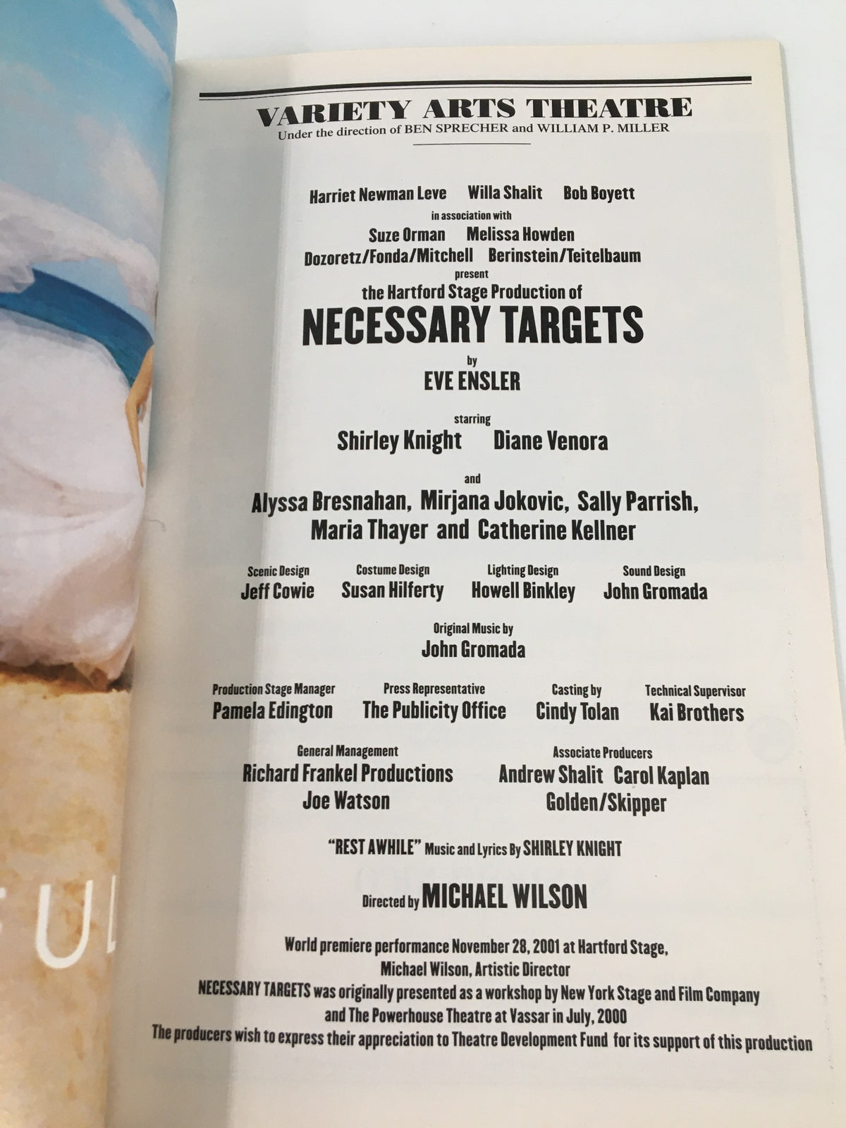 Playbill Variety Arts Theatre Shirley Knight in Necessary Targets, showcasing credits and cast details for the production including Shirley Knight and Diane Venora.