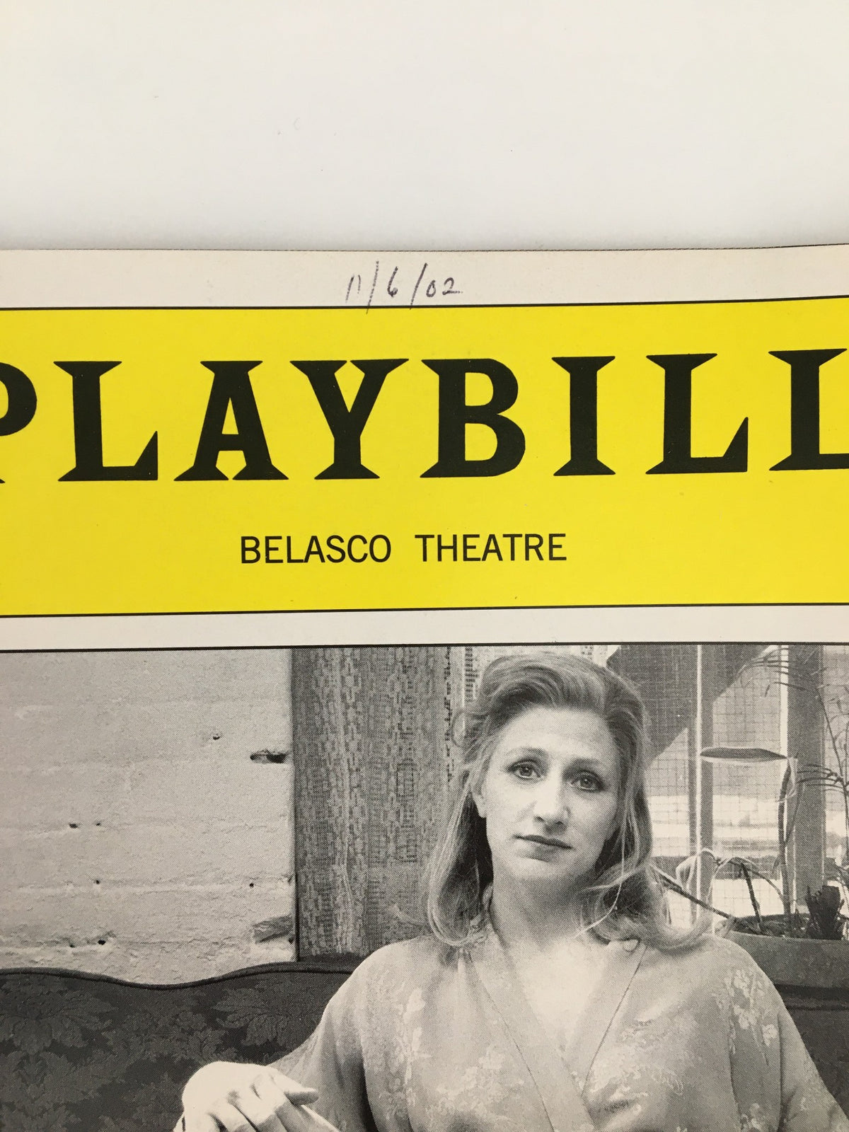 Close-up of the 2002 Playbill title for Franky and Johnny in The Clair de Lune, featuring the Belasco Theatre logo.