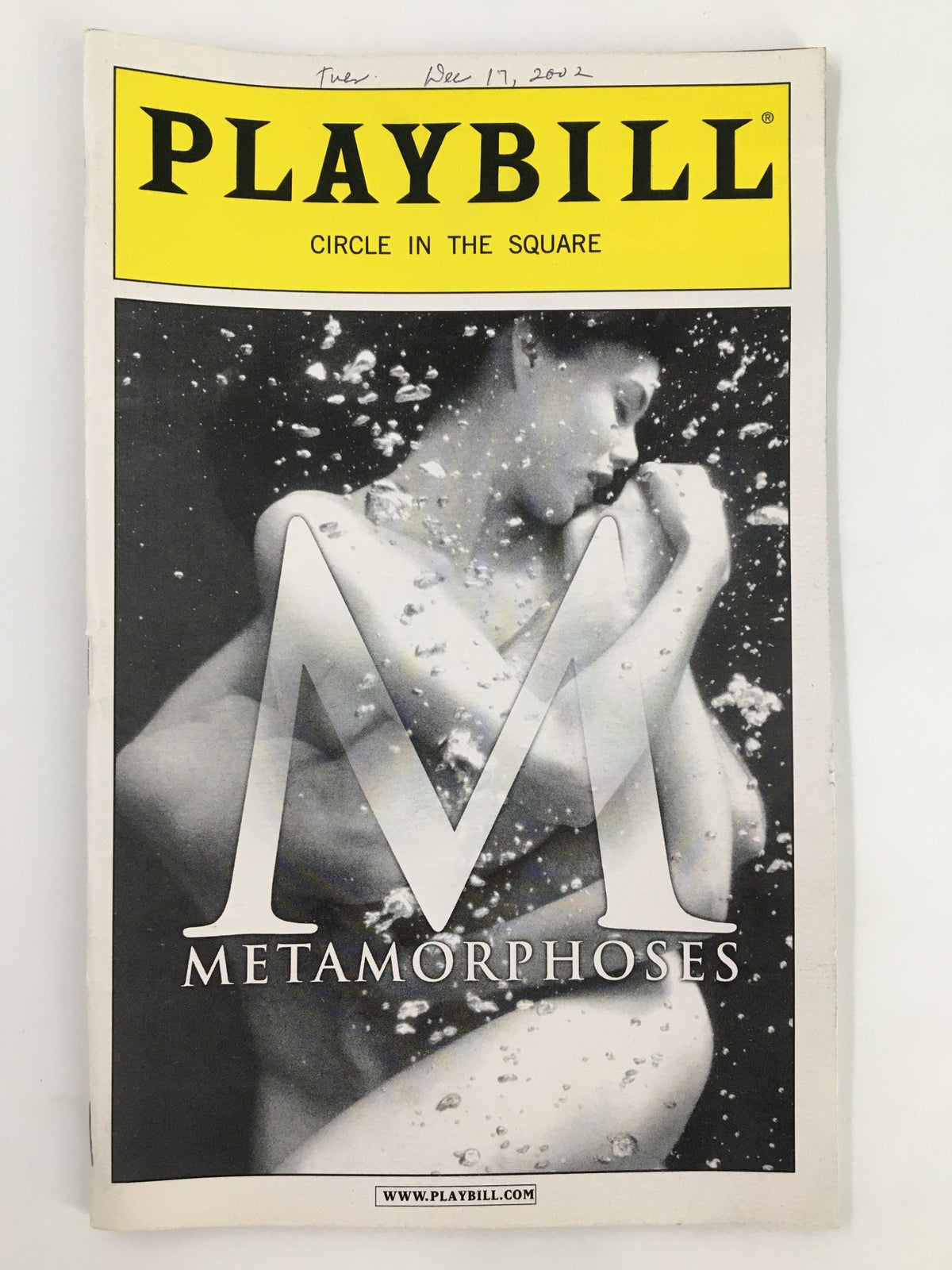 2002 Playbill for Metamorphoses, featuring an artistic black and white cover image with the title prominently displayed, showcasing the production at Circle in the Square Theatre.