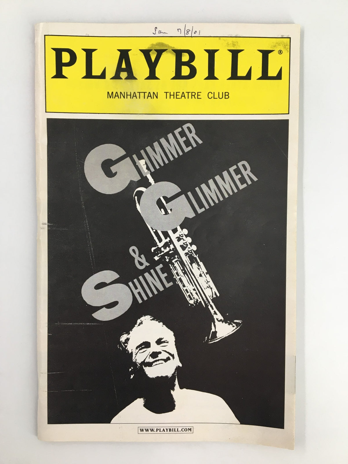 2001 Playbill for Glimmer, Glimmer and Shine from the Manhattan Theatre Club featuring a striking black and white design with a trumpet and iconic text.