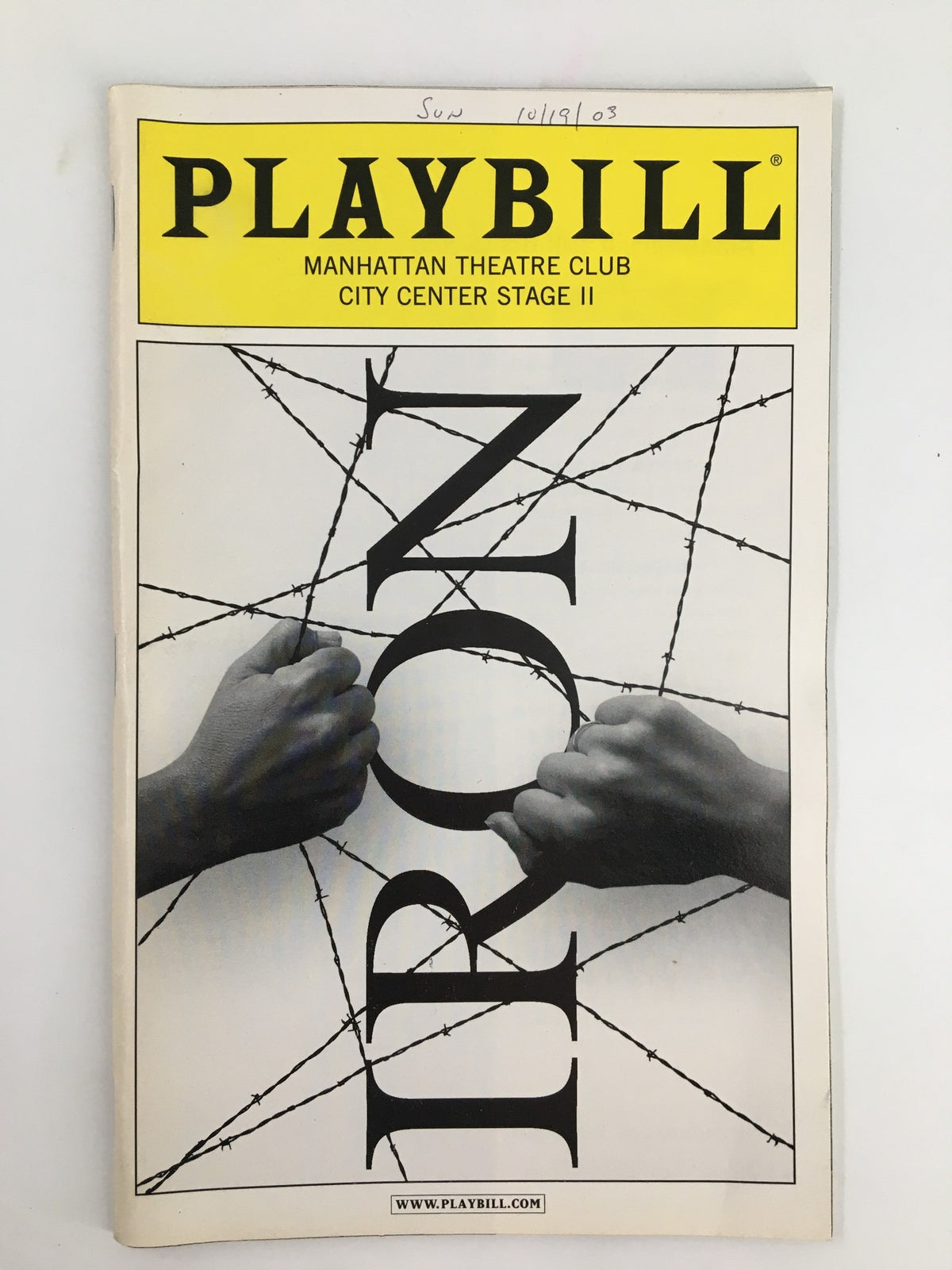 2003 Playbill from Manhattan Theatre Club featuring the title 'Iron' with images depicting two hands, showcasing the drama of the production.