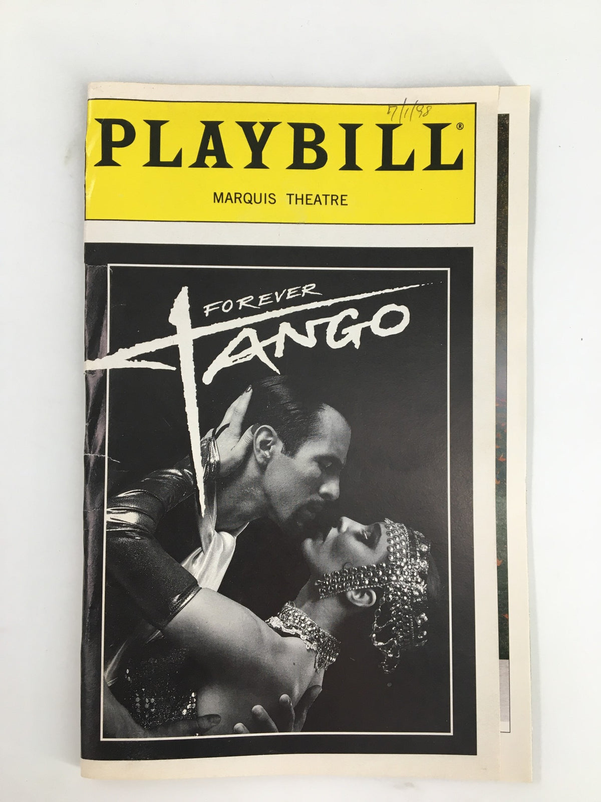 1998 Playbill for Forever Tango at Marquis Theatre featuring Rolando Sandoval and Beverly Duran, showcasing a dynamic cover design with tango dancers.