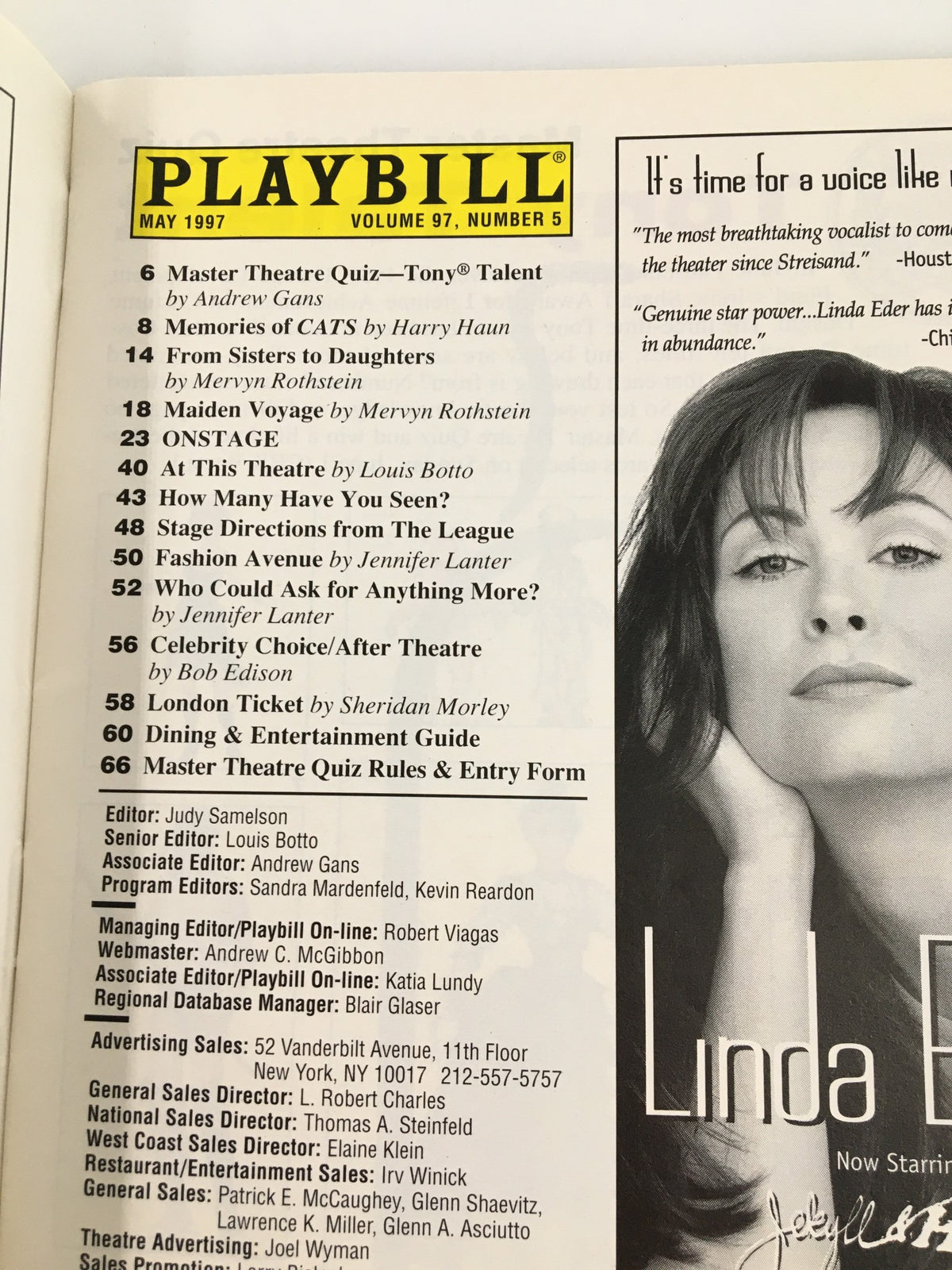 Interior page of the 1991 Playbill The Helen Hayes Theatre showcasing advertisements and features of the May 1997 issue.