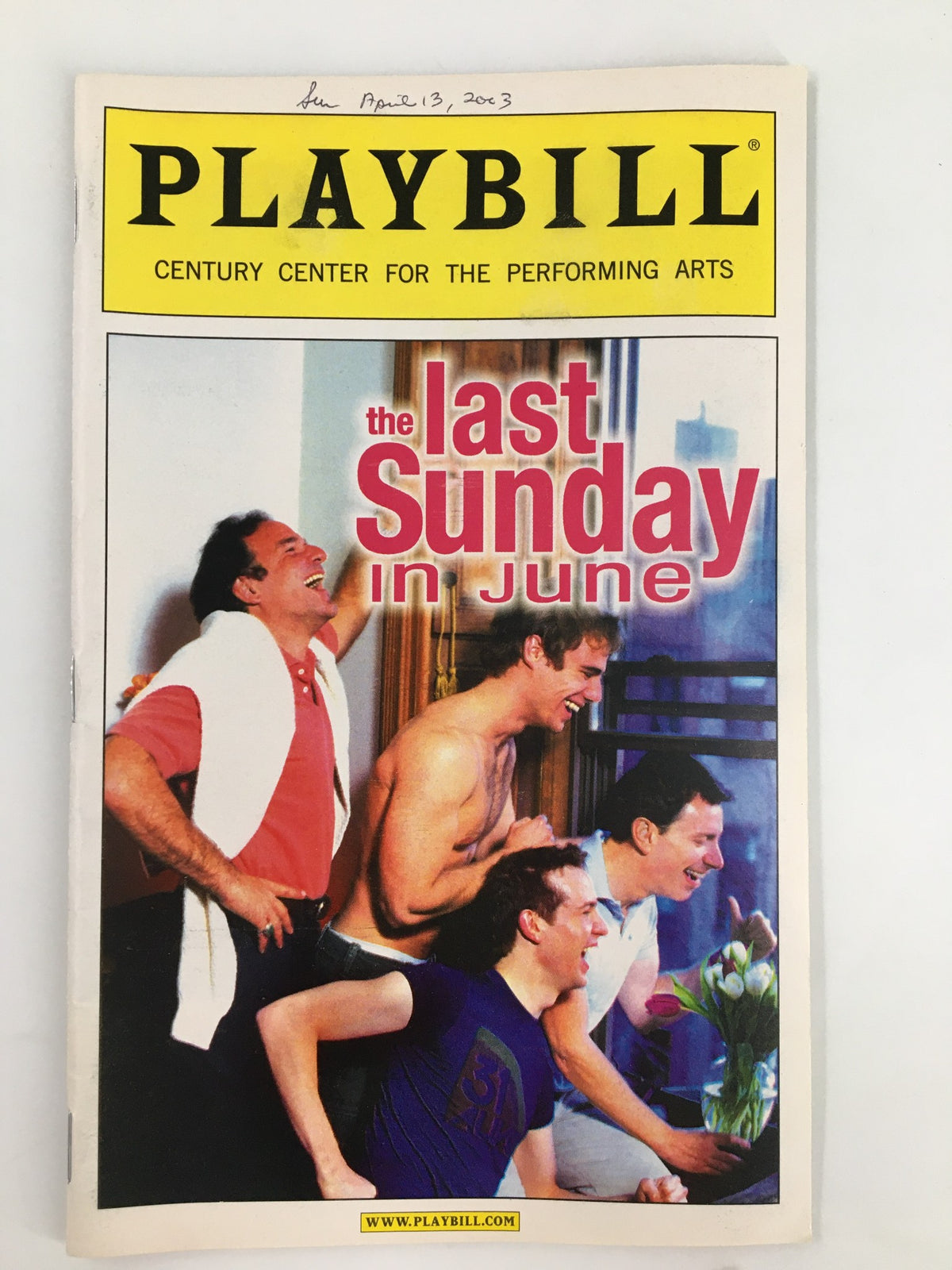 2003 Playbill for The Last Sunday in June featuring vibrant cover art showcasing actors in a comedic scene, performed at the Century Center for The Performing Arts.