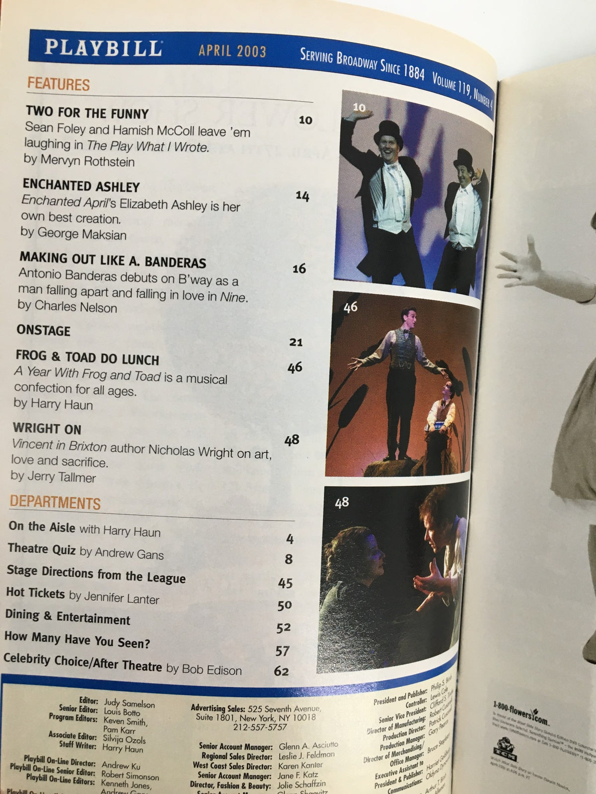 Playbill from April 2003 featuring articles about theater productions including 'Two For The Funny' and 'Frog & Toad' along with various departments and features relevant to the performing arts.