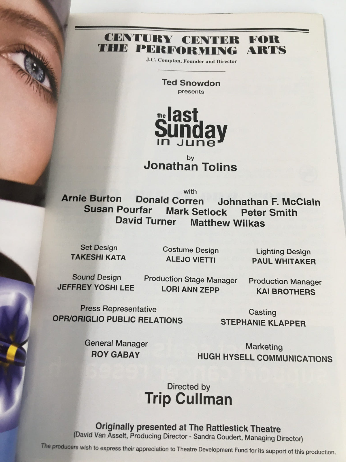 Cast and crew credits for the play 'The Last Sunday in June' by Jonathan Tolins, performed at the Century Center for The Performing Arts, showcasing key contributors and production details.
