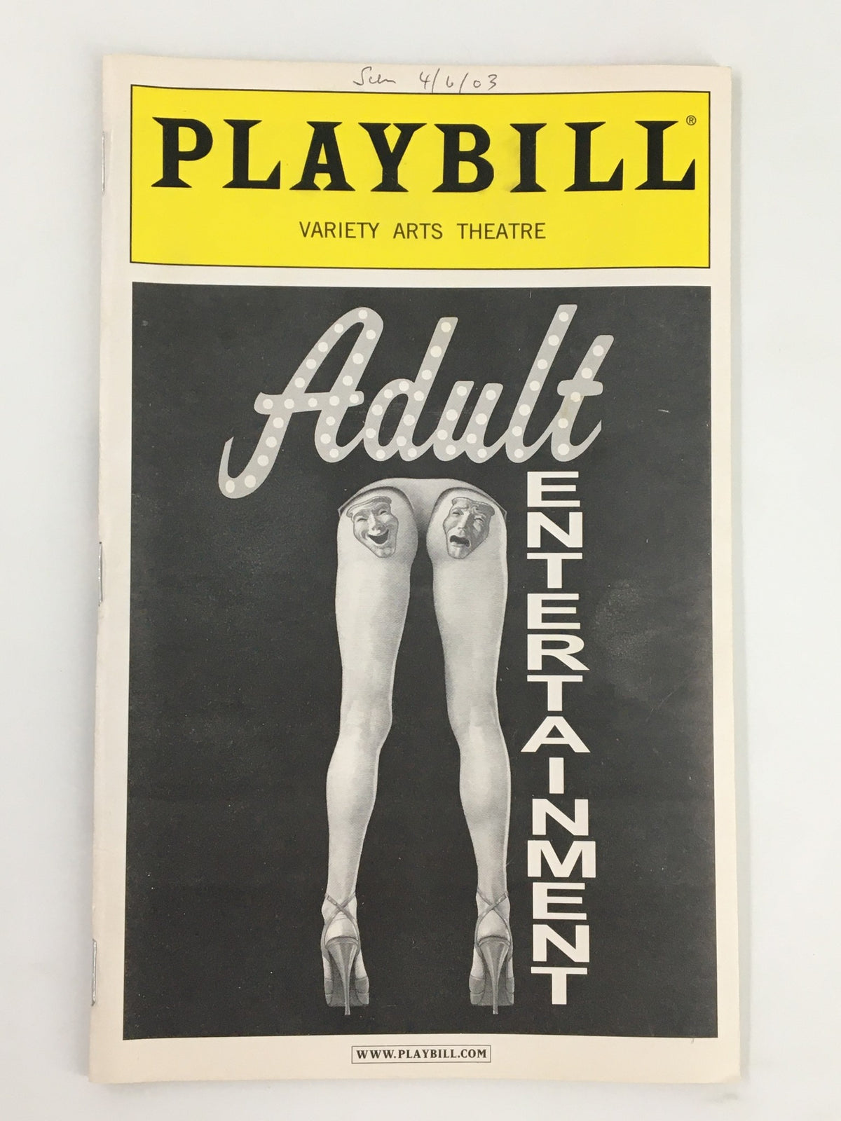 2003 Playbill from Variety Arts Theatre featuring the title 'Adult Entertainment' showcasing iconic cover art with legs and high heels.