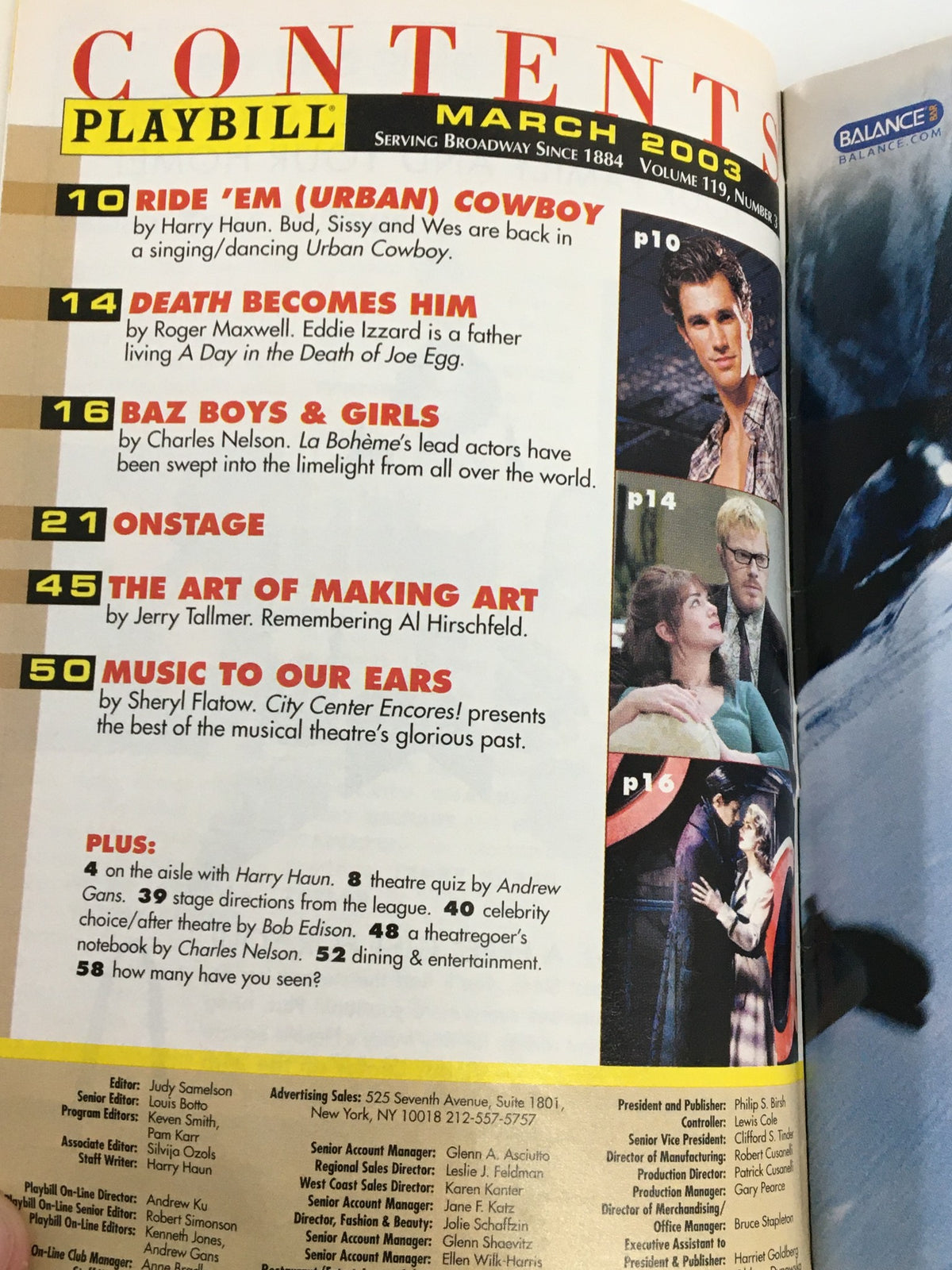 Content page from the March 2003 Playbill presenting featured shows including 'Ride 'Em (Urban) Cowboy' and 'Death Becomes Him'.