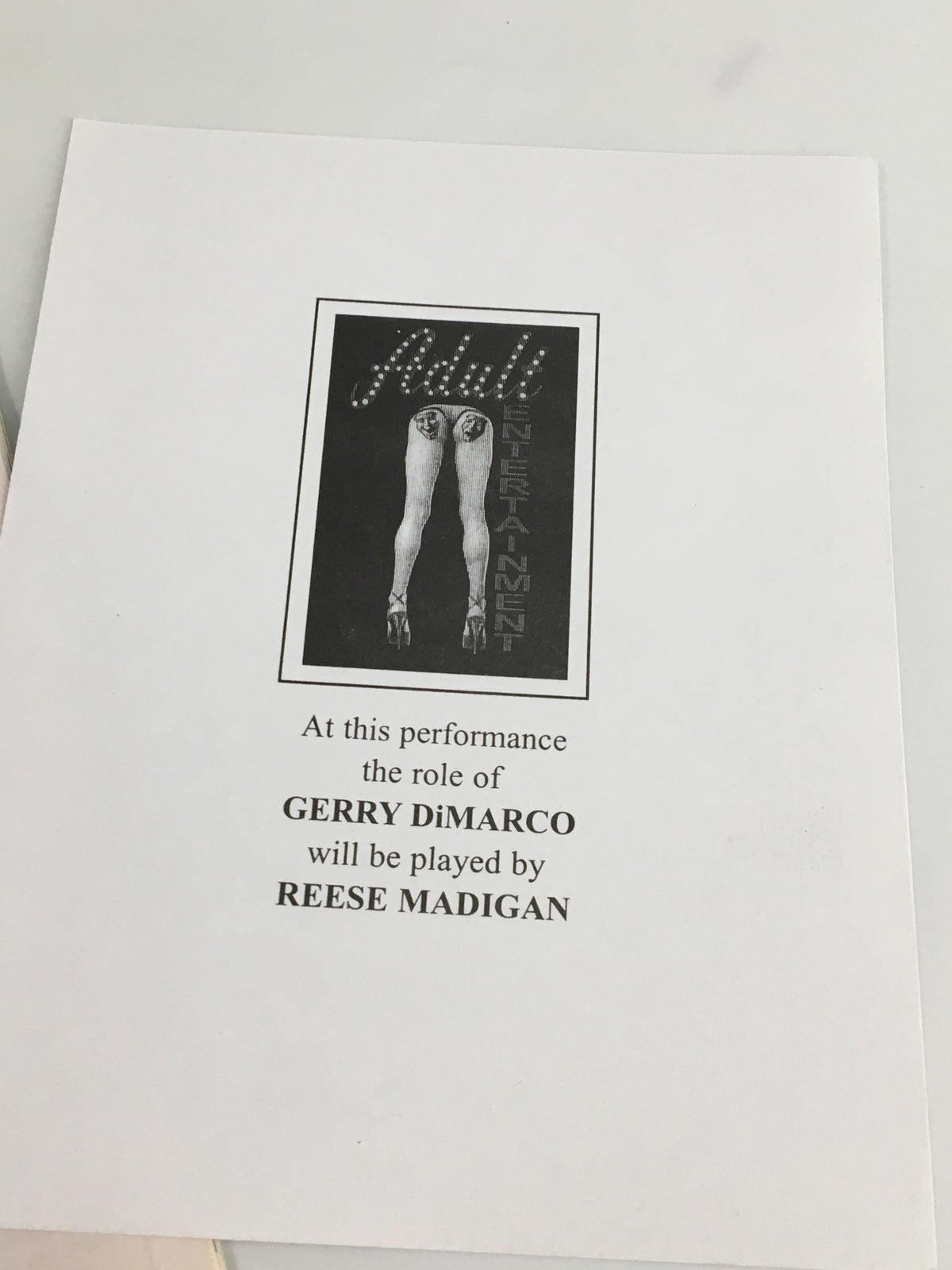 Insert from the 2003 Playbill indicating the role of Gerry DiMarco played by Reese Madigan in 'Adult Entertainment'.
