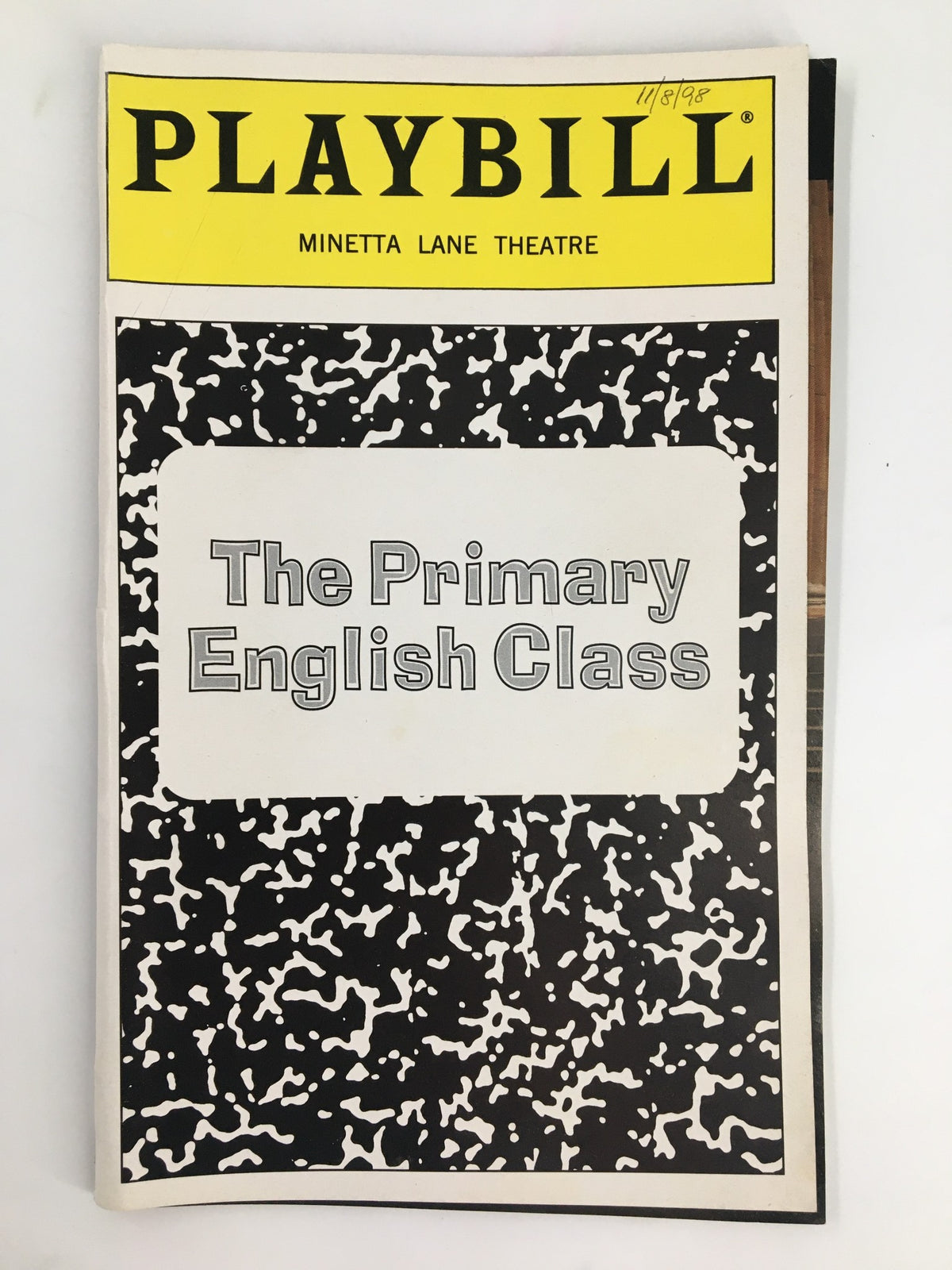 1998 Playbill featuring Diane Cheng in The Primary English Class at the Minetta Lane Theatre, showcasing vibrant cover art with a black and white design.