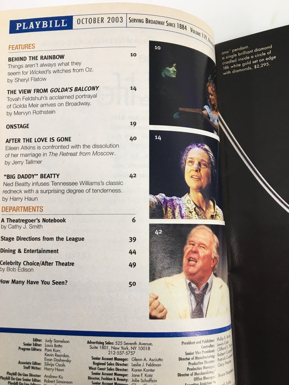 Inside page of the October 2003 Playbill featuring article snippets and images related to theater performances.