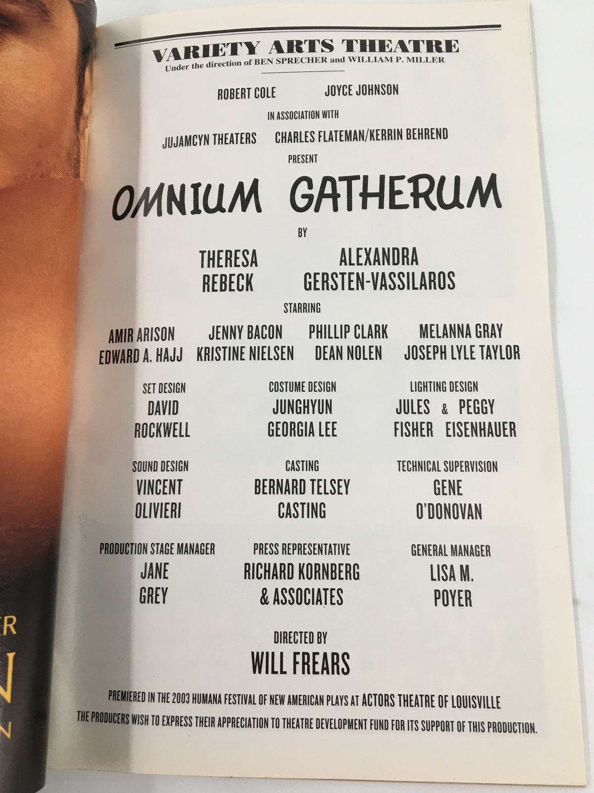 Program page from the 2003 Playbill for Omnium Gatherum, detailing cast and production credits at Variety Arts Theatre.