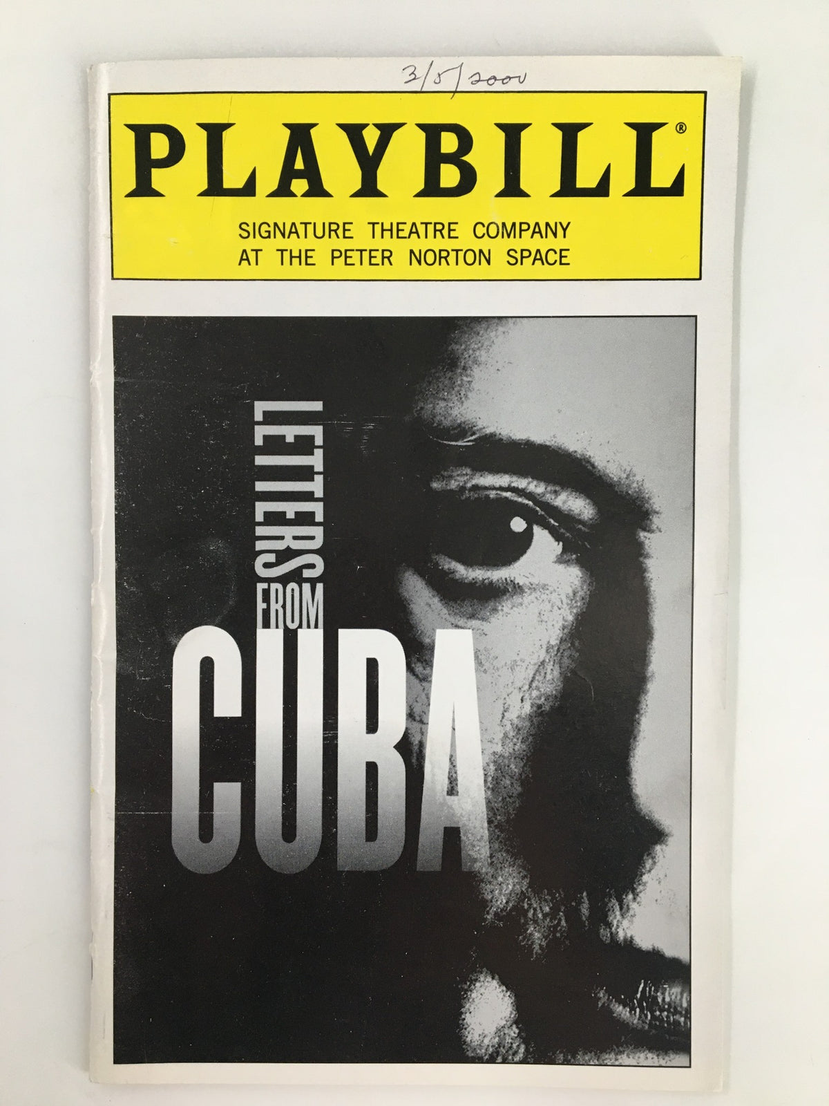 2000 Playbill from Signature Theatre Company featuring Chris De Oni in Letters from Cuba, showcasing a striking black and white image with bold lettering.