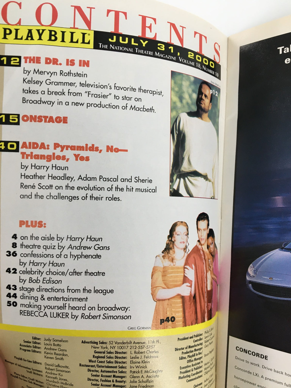 Contents page from the 2000 Playbill featuring articles and features, including information on the production of True West.
